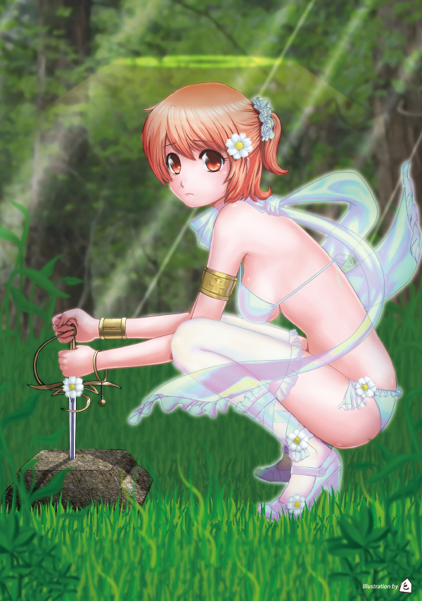 tomizawa jun, original, commentary, 1girl, armlet, bikini, blurry, blush, bracelet, breasts, brown eyes, brown hair, depth of field, female focus, forest, grass, halo, high heels, jewelry, knife, large breasts, legs, looking at viewer, nature, orange hair, outdoors, red hair, reverse grip, scarf, shoes, short hair, solo, squatting, swimsuit, thighhighs, underboob, weapon, white shoes, white thighhighs