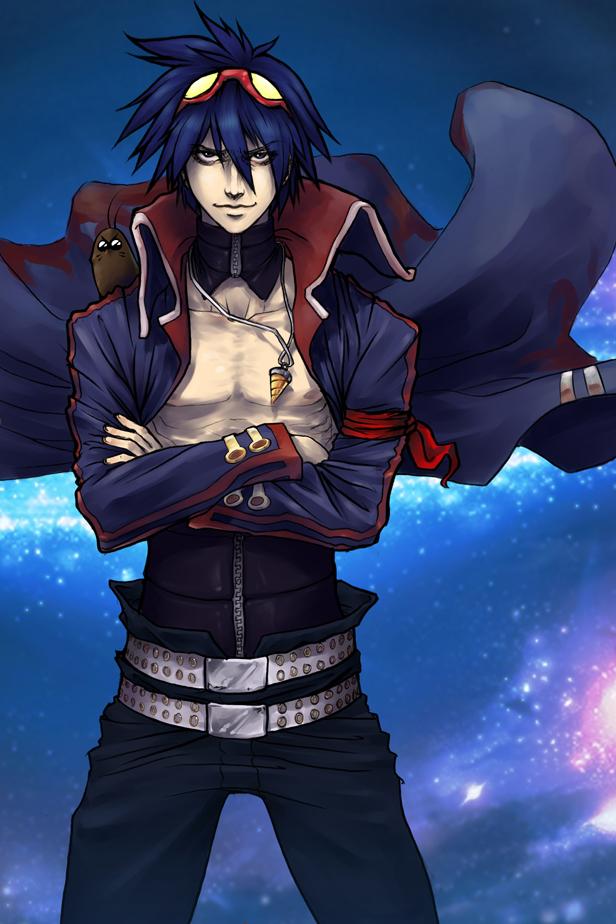 boota (ttgl), simon (ttgl), tengen toppa gurren lagann, jpeg artifacts, 00s, 1boy, belt, blue hair, coat, crossed arms, drill, goggles, male focus, manly, muscular, solo, space, trench coat