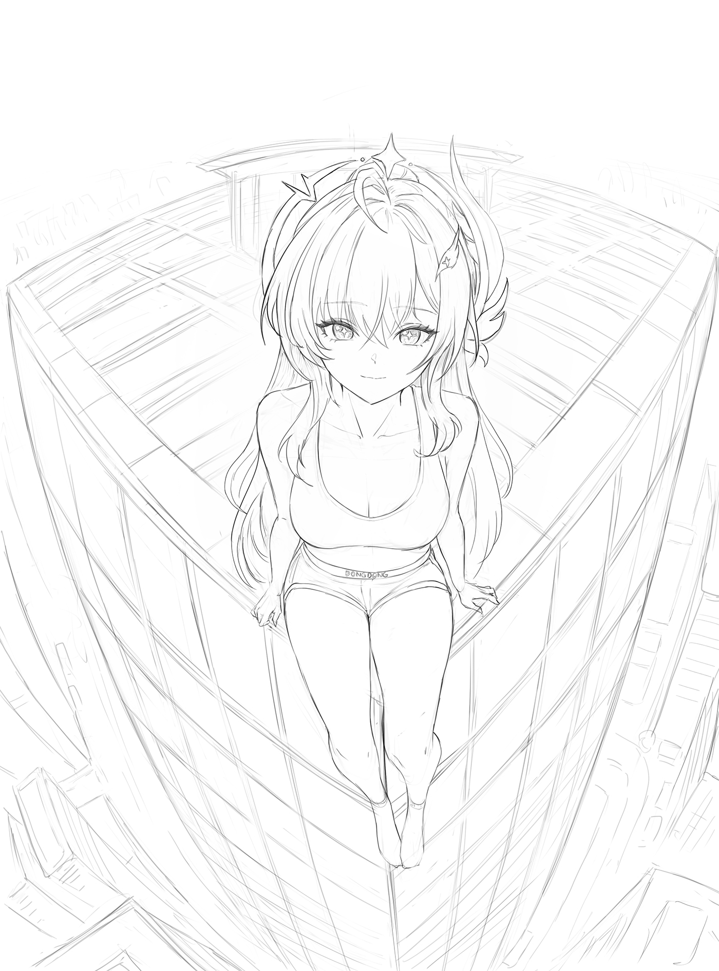 ddcc0123, aemeath (wuthering waves), wuthering waves, commentary, english commentary, highres, 1girl, alternate costume, bare shoulders, breasts, cleavage, closed mouth, collarbone, crop top, foot dangle, greyscale, hair between eyes, hair ornament, high up, large breasts, lineart, long hair, looking at viewer, monochrome, on rooftop, short shorts, shorts, sitting, sketch, smile, solo, star-shaped pupils, star (symbol), symbol-shaped pupils, thighs