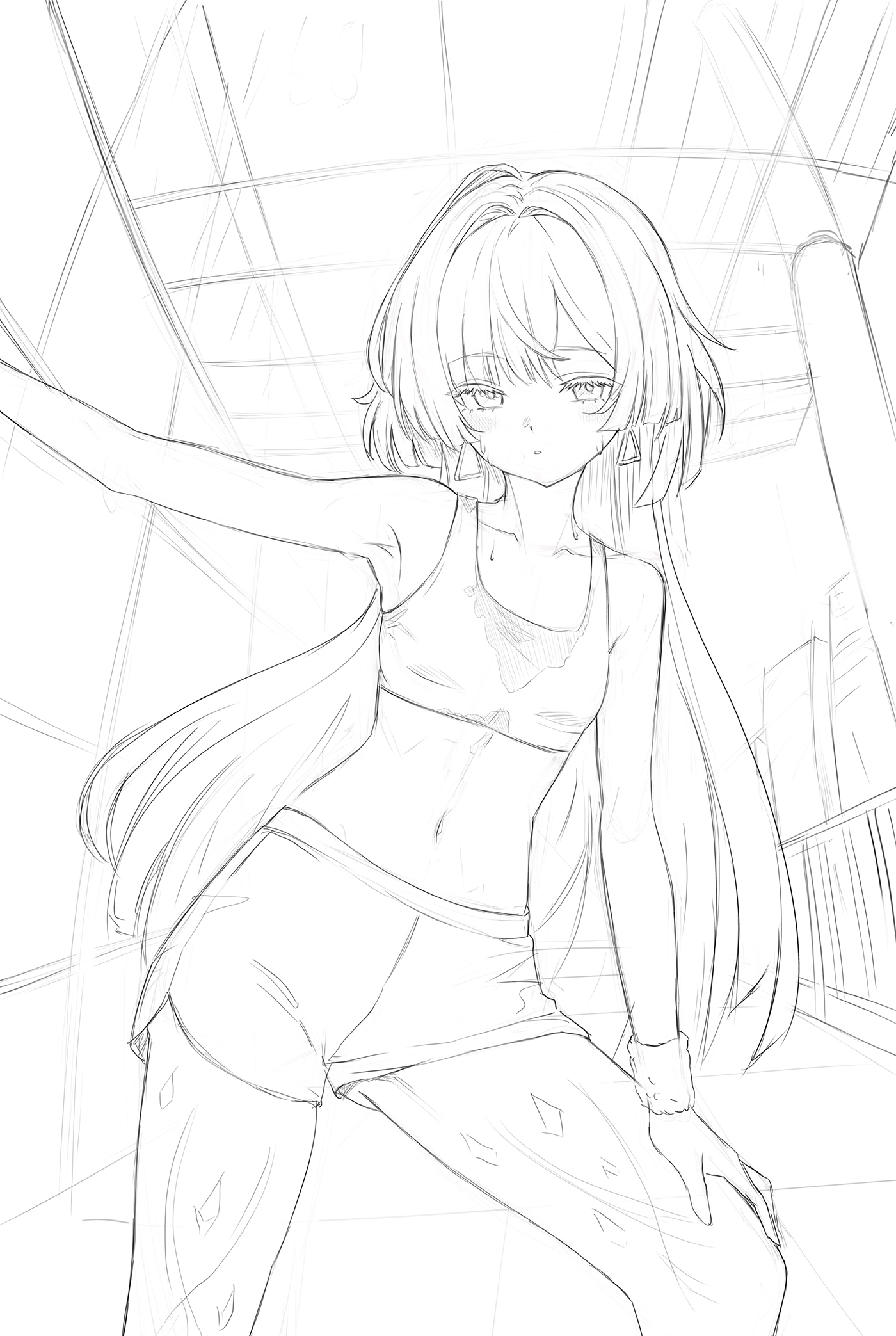 ddcc0123, mornye (wuthering waves), wuthering waves, commentary, english commentary, highres, 1girl, alternate costume, arm up, bare shoulders, breasts, collarbone, earrings, greyscale, jewelry, lineart, long hair, looking at viewer, monochrome, navel, shorts, sketch, small breasts, solo, sports bra, stomach, sweat, sweaty clothes, triangle earrings