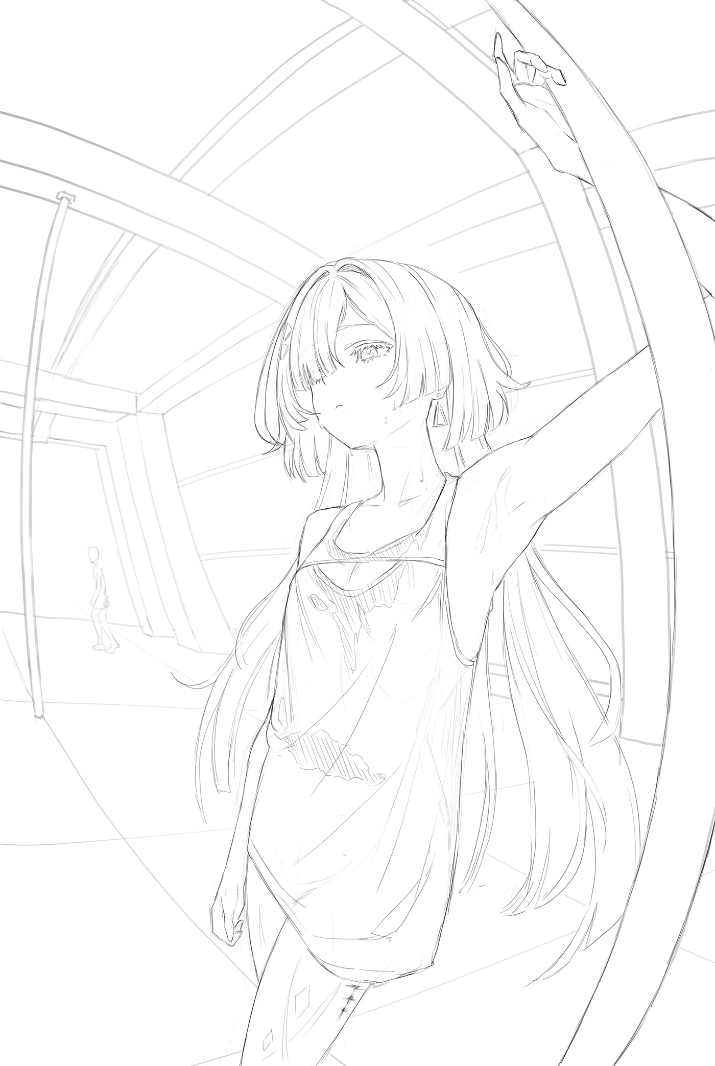 ddcc0123, mornye (wuthering waves), wuthering waves, commentary, english commentary, highres, 1girl, alternate costume, arm up, armpits, bare shoulders, breasts, closed mouth, collarbone, earrings, greyscale, hair ornament, jewelry, lineart, long hair, looking ahead, monochrome, prosthesis, prosthetic leg, sketch, small breasts, solo, sweat, sweaty clothes, tacet mark (wuthering waves), triangle earrings