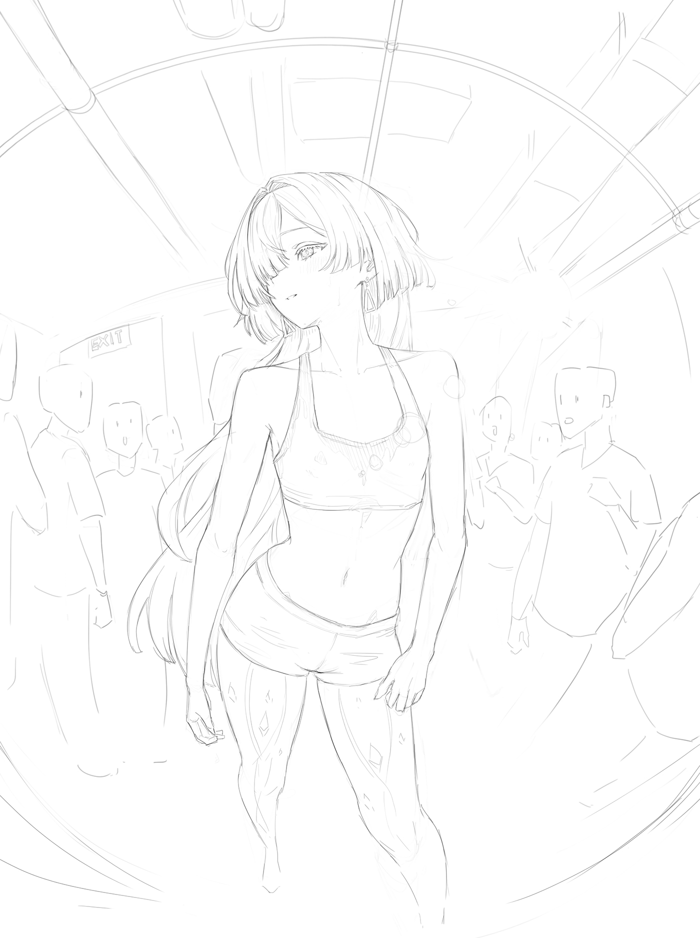 ddcc0123, mornye (wuthering waves), wuthering waves, commentary, english commentary, highres, 1girl, alternate costume, bare shoulders, collarbone, earrings, greyscale, indoors, jewelry, light blush, lineart, long hair, looking at another, looking to the side, monochrome, navel, parted lips, people, prosthesis, prosthetic leg, shorts, sketch, sports bra, standing, stomach, sweat, triangle earrings