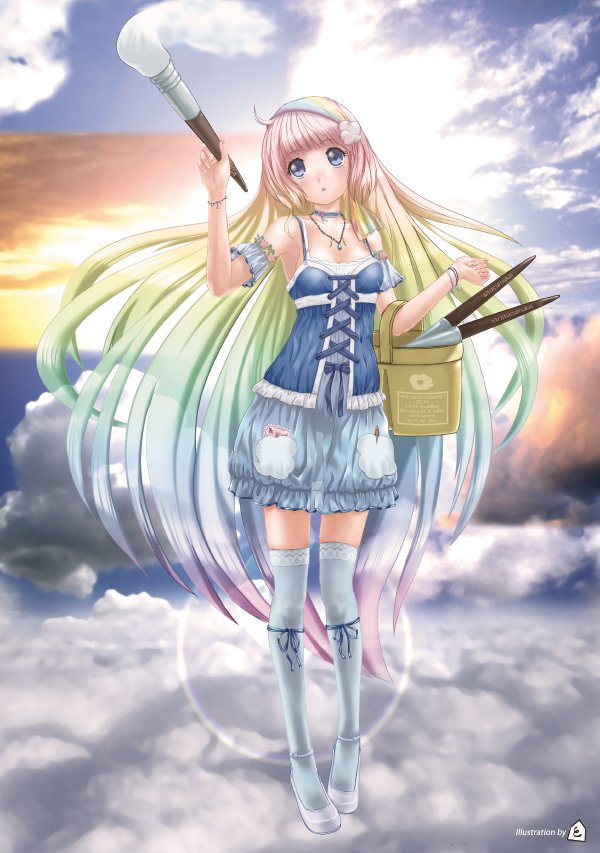 tomizawa jun, oekaki musume, original, 1girl, art brush, blue eyes, blush, cloud, day, dress, female focus, full body, gradient hair, legs, long hair, multicolored hair, outdoors, paintbrush, sky, solo, thighhighs, white thighhighs