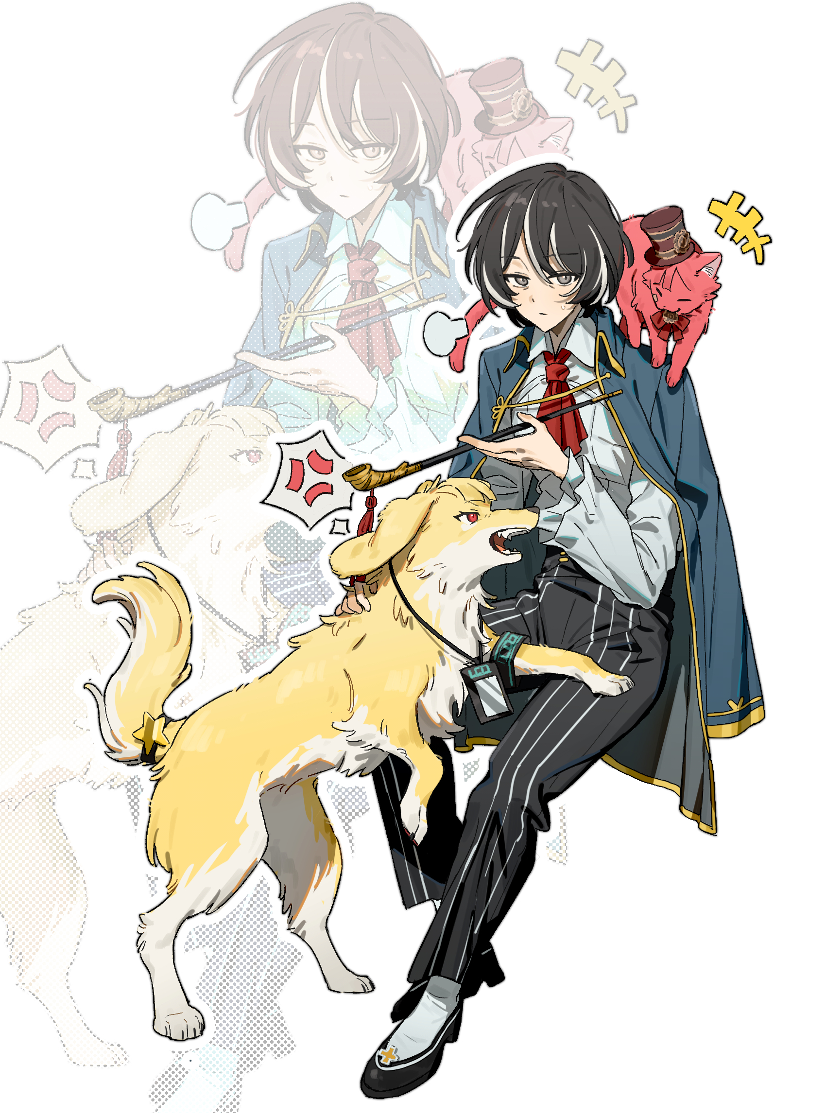 uzr akira, ezra (project moon), moses (project moon), yuria (project moon), limbus company, project moon, hashtag-only commentary, highres, +++, 1girl, anger vein, animal, animalization, ascot, black hair, black pants, black shoes, blue coat, cat, coat, coat on shoulders, collared shirt, dog, full body, grey eyes, high-waist pants, holding, holding smoking pipe, invisible chair, kiseru, long sleeves, looking at viewer, multicolored hair, pants, puff of air, red ascot, red cat, shirt, shoes, short hair, simple background, sitting, smoking pipe, spoken anger vein, streaked hair, striped clothes, striped pants, sweatdrop, the distortion detective, white background, white hair, white shirt, yellow dog, zoom layer