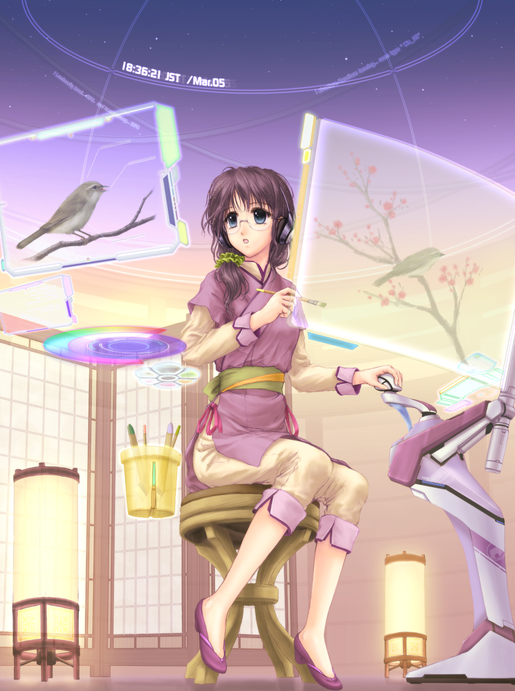 ntake toukasaien, oekaki musume, original, highres, 1girl, art brush, bird, blue eyes, branch, brown hair, computer, female focus, full body, glasses, headphones, indoors, paint, paintbrush, sitting, solo