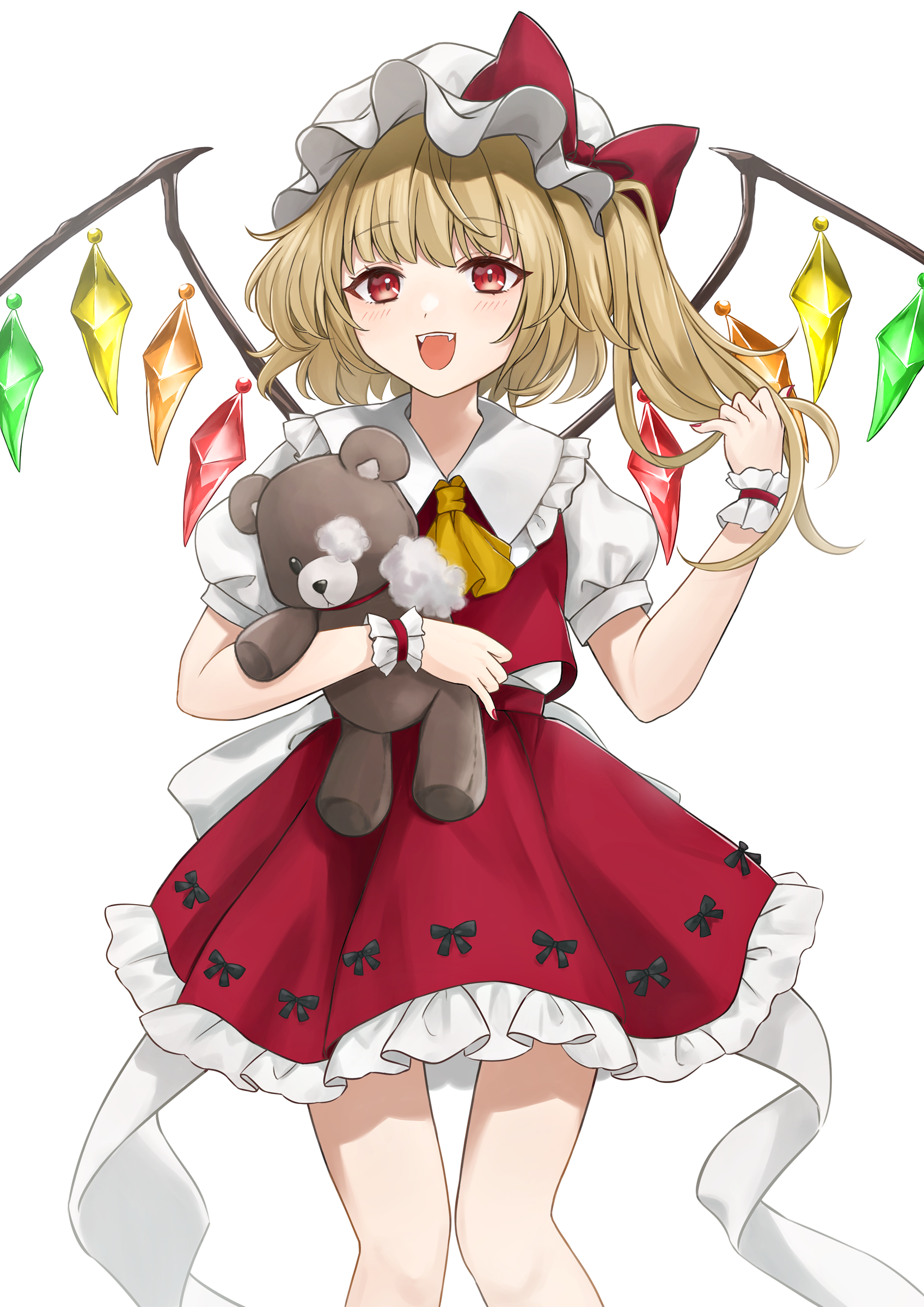 flandre scarlet, touhou, absurdres, commentary, highres, 1girl, ascot, back bow, blonde hair, bow, collared shirt, crystal, crystal wings, damaged, frilled shirt collar, frilled skirt, frills, hat, hugging doll, hugging object, long hair, looking at viewer, mob cap, multicolored wings, one side up, open mouth, puffy short sleeves, puffy sleeves, red eyes, red skirt, red vest, shirt, short sleeves, simple background, skirt, skirt bow, skirt set, smile, solo, stuffed animal, stuffed toy, stuffing, suinekoko, teddy bear, teeth, upper teeth only, vest, white background, white bow, white hat, wings, wrist cuffs, yellow ascot