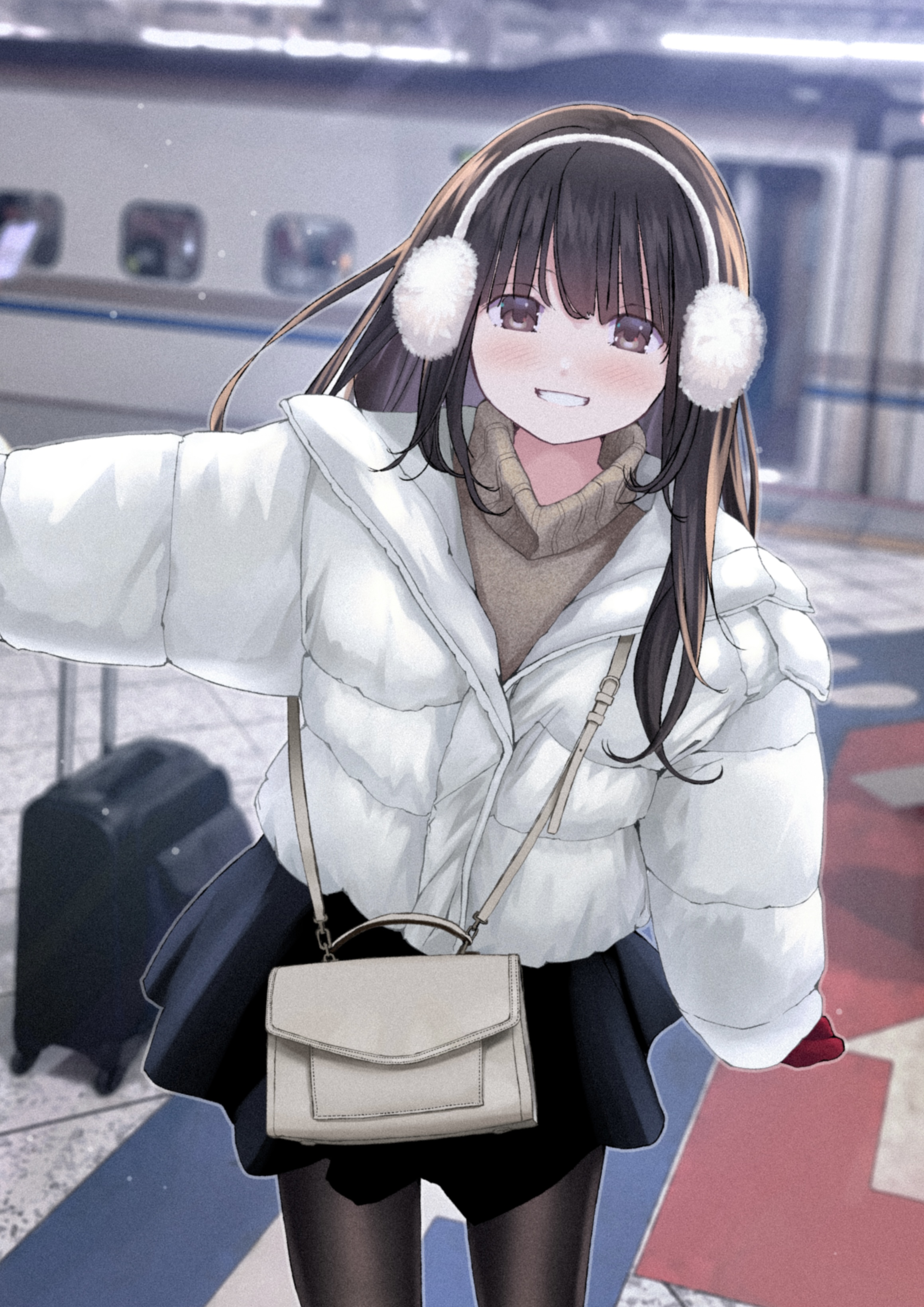 chikuwa (odennabe), original, absurdres, commentary, highres, 1girl, bag, black pantyhose, black skirt, blurry, blurry background, brown eyes, brown hair, brown sweater, day, earmuffs, gloves, jacket, long hair, looking at viewer, outdoors, pantyhose, red gloves, shoulder bag, skirt, smile, solo, sweater, tile floor, tiles, train, turtleneck, turtleneck sweater, white jacket, winter clothes