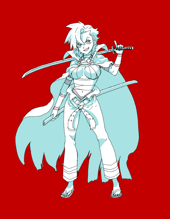matsukaze yukiji, yuutu, kamina (ttgl), tengen toppa gurren lagann, 00s, 1girl, bandages, breasts, cape, female focus, genderswap, genderswap (mtf), katana, large breasts, midriff, sandals, sarashi, solo, sword, tattoo, weapon