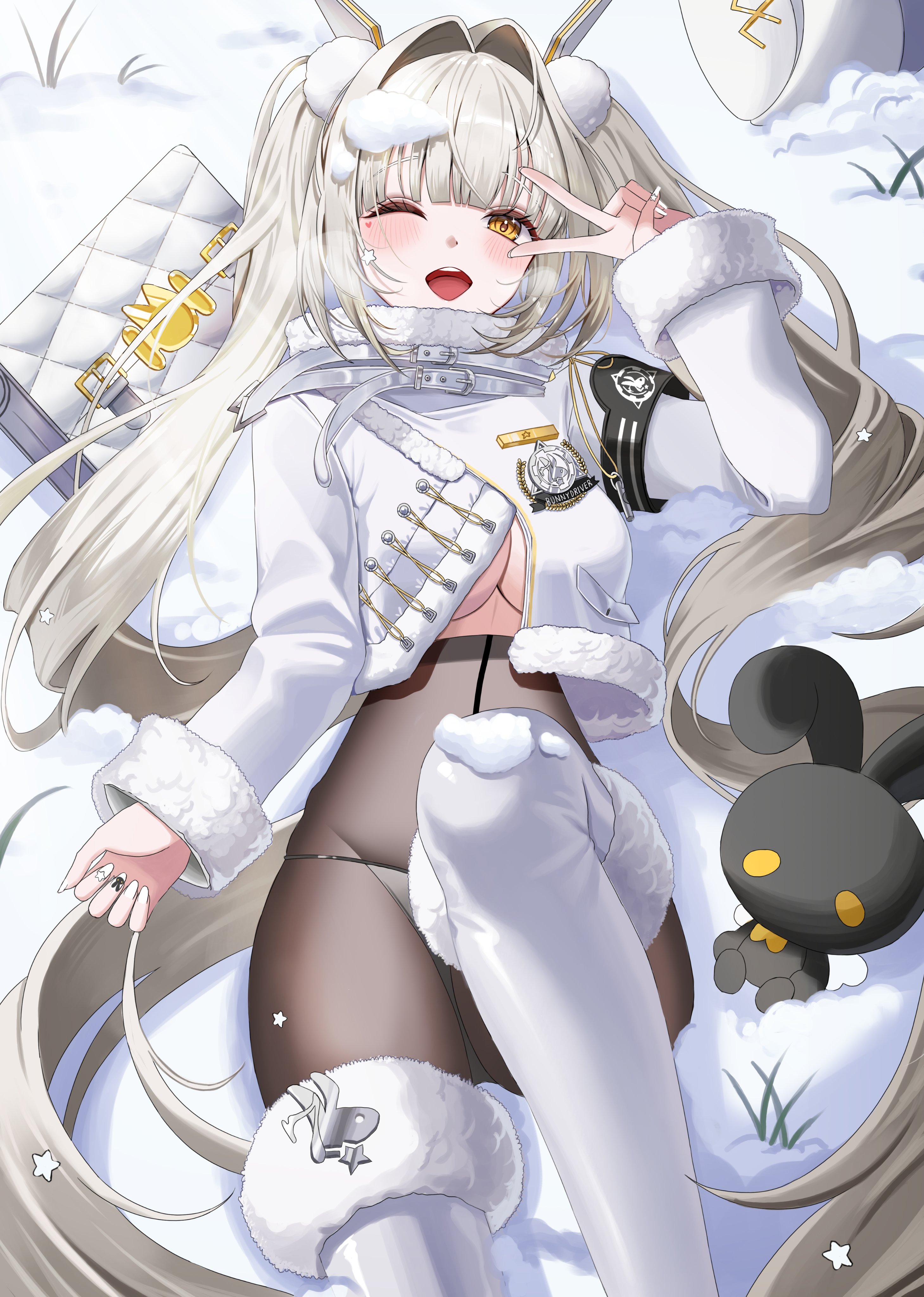 yurang heart, blanc (fortune express) (nikke), blanc (nikke), goddess of victory: nikke, absurdres, hashtag-only commentary, highres, 1girl, applying manicure, black pantyhose, black rabbit (animal), blonde hair, boots, breasts, cropped jacket, earmuffs, fur-trimmed boots, fur trim, high-waist pantyhose, jacket, knee up, long hair, looking at viewer, lying, no pants, official alternate costume, on back, on ground, one eye closed, open mouth, panties, panties under pantyhose, pantyhose, see-through pantyhose, snow, solo, teeth, thigh boots, underboob, underwear, upper teeth only, v, white bag, white boots, white jacket, winter clothes, yellow eyes