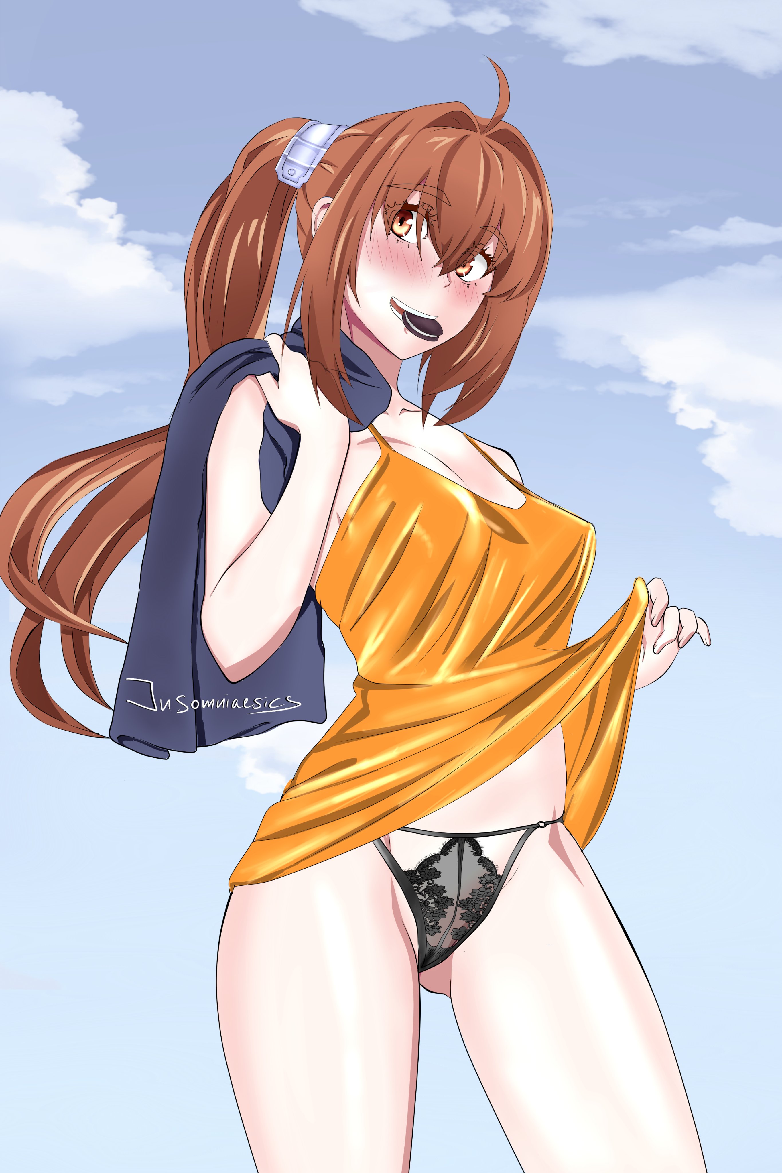 vanillahare, estelle bright, eiyuu densetsu, sora no kiseki, absurdres, commentary, english commentary, highres, 1girl, ahoge, antenna hair, blue sky, blush, camisole, cloud, cookie, double-parted bangs, floating hair, food, food in mouth, hair between eyes, hair intakes, lace, lace panties, long hair, looking at viewer, outdoors, panties, red eyes, shirt, signature, sky, sleeveless, solo, twintails, underwear, yellow camisole, yellow shirt