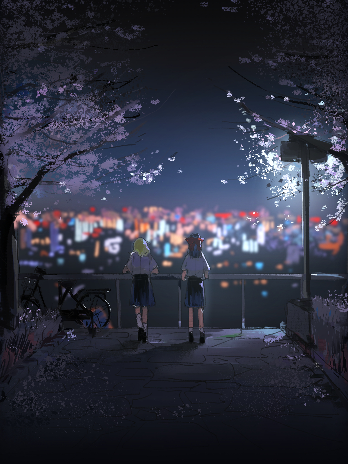 hakurei reimu, kirisame marisa, touhou, commentary, hashtag-only commentary, highres, 2girls, babaiwan fengchui, black shoes, blonde hair, blue skirt, bow, cherry blossoms, cityscape, contemporary, cycle, detached sleeves, facing away, from behind, hair bow, lamppost, multiple girls, night, outdoors, red bow, school uniform, shirt, shoes, skirt, sky, socks, tree, white shirt, white socks