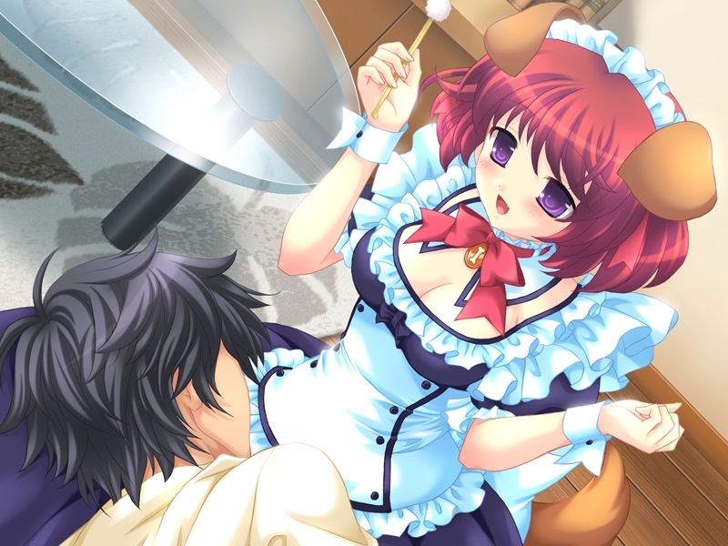 lugosi ela, basil, basil (peropero sasete), peropero sasete, game cg, 1boy, 1girl, animal ears, black hair, blush, bow, bowtie, breasts, cleavage, dog ears, dog tail, dutch angle, ear cleaning, fang, lap pillow, maid, maid headdress, mimikaki, open mouth, purple eyes, red hair, short hair, sleeping, smile, solo focus, table, tail