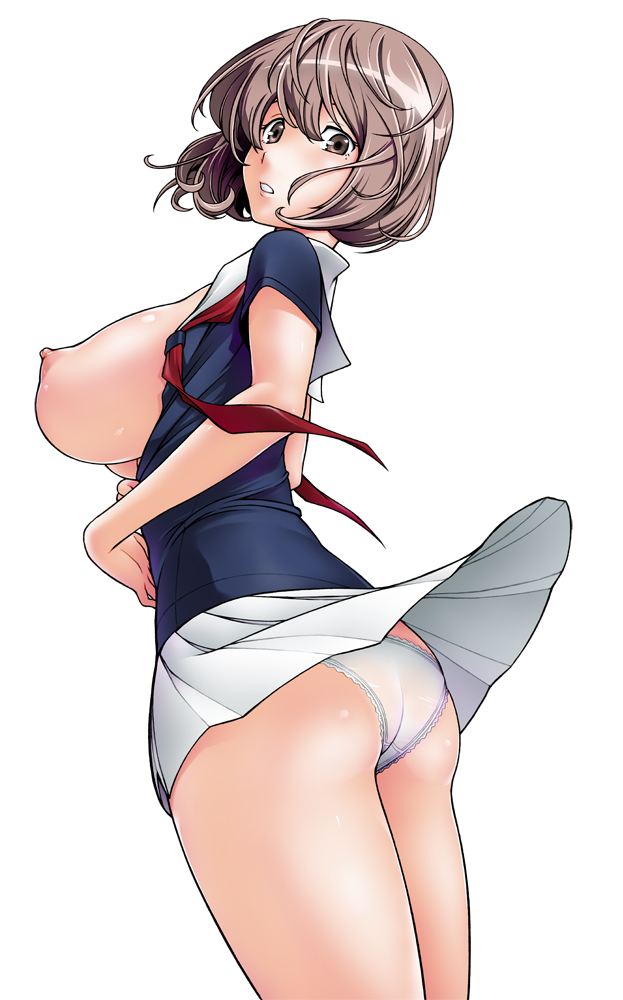 fukudahda, aoki yuriko, bakuman, 1girl, ass, breasts, brown eyes, brown hair, female focus, huge breasts, legs, looking back, mole, mole under eye, nipples, open clothes, open shirt, panties, pantyshot, parted lips, pleated skirt, shirt, short hair, sideboob, simple background, skirt, solo, underwear, upskirt, white background, white panties, wind, wind lift