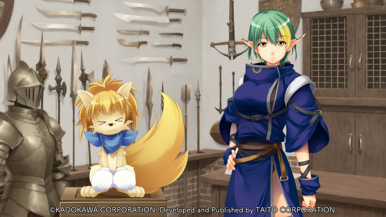 atelier-moo, elle louise, yuukyuu gensoukyoku, game cg, non-web source, > <, 1girl, animal ears, animal nose, armor, belt, blonde hair, blue scarf, body fur, bow (weapon), breasts, brown fur, clenched hands, closed eyes, closed mouth, colored tips, company name, copyright notice, creature, crossbow, dagger, day, dog ears, dog tail, earrings, elf, full armor, gloves, green hair, hair between eyes, halberd, hand on own hip, indoors, jewelry, knife, large breasts, looking at viewer, medium hair, multicolored hair, pointy ears, polearm, scarf, shield, shop, short hair, short sleeves, spear, standing, sword, tail, teddy (yuukyuu gensoukyoku), thick eyebrows, thighs, wavy mouth, weapon, white gloves, wooden box, yellow eyes, yuukyuu gensoukyoku revival