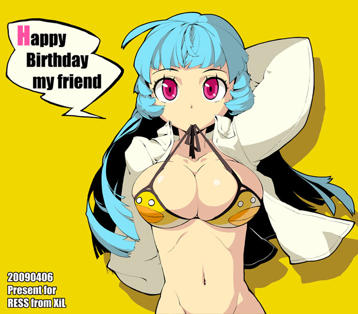 jairou, la, original, bad id, bad pixiv id, 00s, 1girl, 2009, ahoge, bikini, bikini top only, blue hair, bottomless, breasts, cleavage, dated, english text, female focus, happy birthday, large breasts, long hair, mouth hold, navel, pink eyes, solo, swimsuit, yellow background