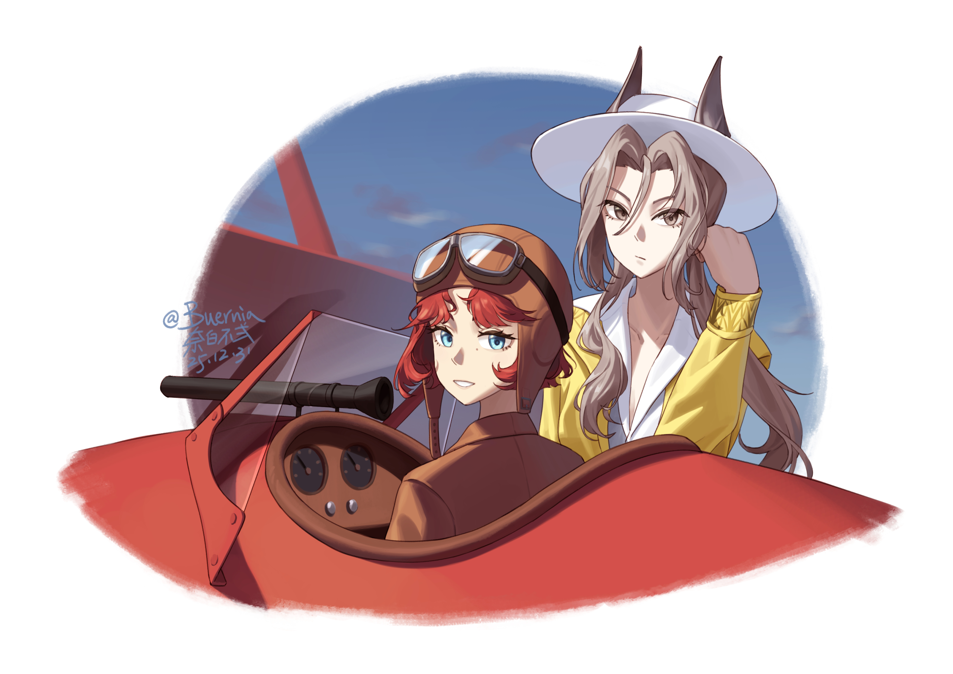 buernia, kurenai no buta, reverse:1999, highres, 2girls, :/, aircraft, airplane, alternate costume, artist name, aviator cap, blue eyes, border, brown hat, brown jacket, dated, elbow rest, fading border, flying boat, goggles, goggles on headwear, grey eyes, grey hair, grin, hand up, hat, hat ornament, head on hand, head rest, jacket, long hair, looking at viewer, low ponytail, marsha (reverse:1999), mole, mole under eye, multiple girls, outside border, parody, pilot, ponytail, red hair, seaplane, sentinel (reverse:1999), shirt, signature, smile, turning head, twitter username, upper body, white background, white hat, white shirt, yellow jacket