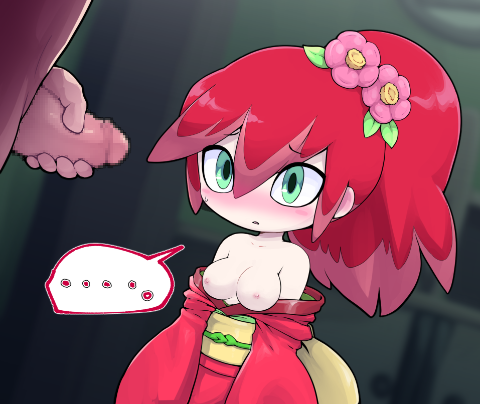 nollety, tsubakihime (youkai watch), youkai watch, commentary request, variant set, …, 1boy, 1girl, blush, breasts, censored, flower, green eyes, hair flower, hair ornament, hetero, high ponytail, japanese clothes, kimono, large breasts, long hair, mosaic censoring, multicolored hair, open mouth, penis, pink flower, ponytail, red hair, red kimono, solo focus, speech bubble, spoken ellipsis, two-tone hair, youkai (youkai watch)