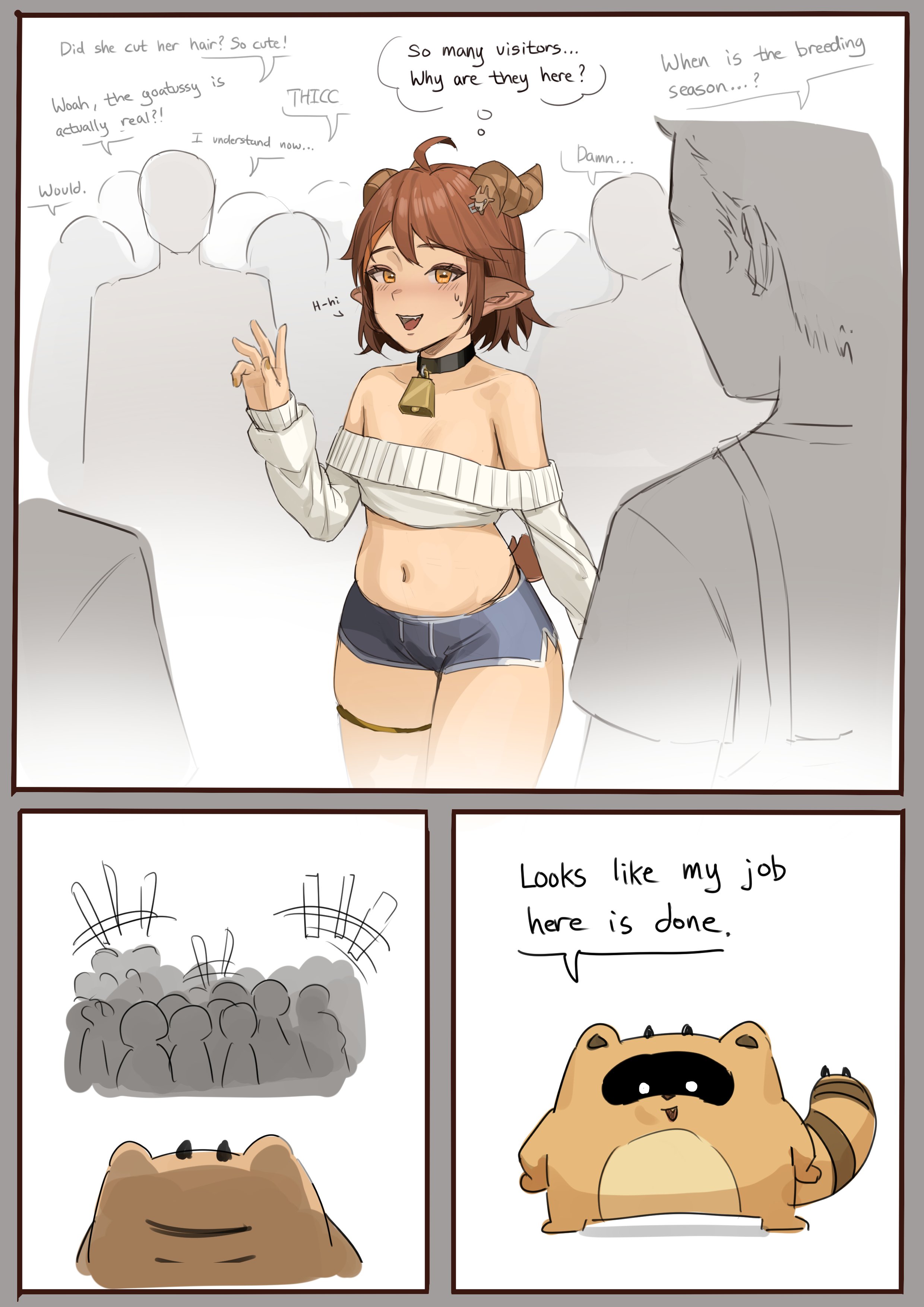 peagade, tanukidraws, absurdres, highres, 1girl, animal, animal ears, breasts, brown eyes, brown hair, cleavage, goat, goat ears, goat girl, goat horns, goat tail, grey background, horizontal pupils, horns, looking at viewer, open mouth, pointy ears, short hair, simple background, smile, tail, thick thighs, thigh strap, thighs, virtual youtuber