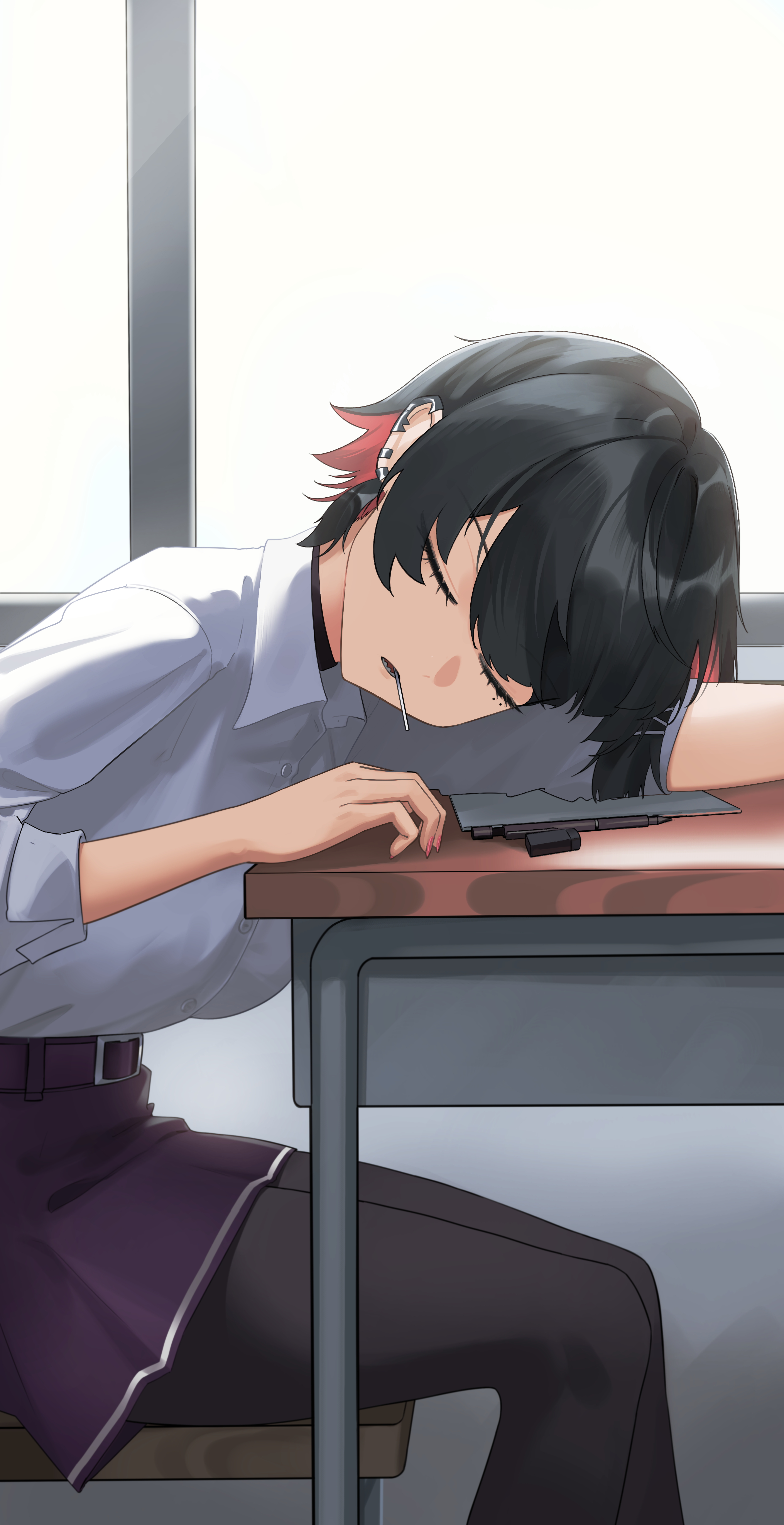 gungssrp, ellen joe, ellen joe (on campus), zenless zone zero, absurdres, commentary, english commentary, highres, 1girl, arm rest, black hair, black pantyhose, blue skirt, closed eyes, colored inner hair, cowboy shot, desk, earclip, from side, head rest, indoors, lollipop in mouth, mole, mole under eye, multicolored hair, official alternate costume, open mouth, pantyhose, paper, pen, pink nails, school desk, shark girl, shirt, shirt tucked in, short hair, sitting, skirt, sleeves rolled up, solo, white shirt, window