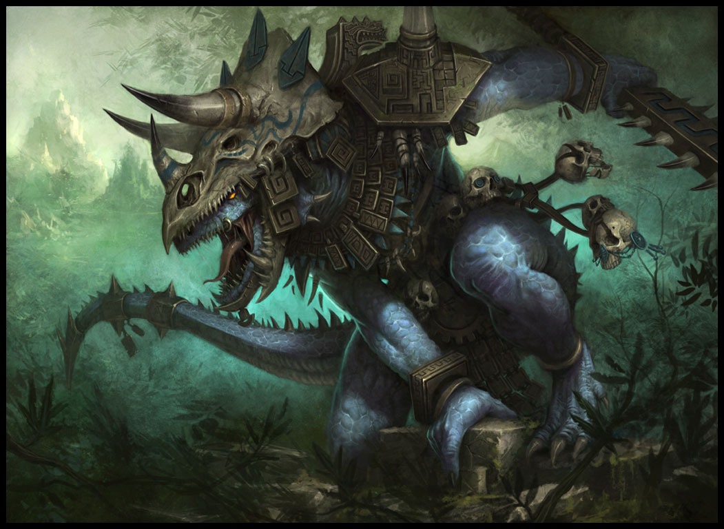 warhammer fantasy, armor, aztec, blue skin, bone, claws, club (weapon), colored skin, dinosaur, fantasy, holding, holding weapon, horns, jungle, lizard, macuahuitl, monster, nature, piercing, prehistoric, ruins, sharp teeth, skull, spikes, sword, tail, teeth, tribal, triceratops, weapon, yellow eyes