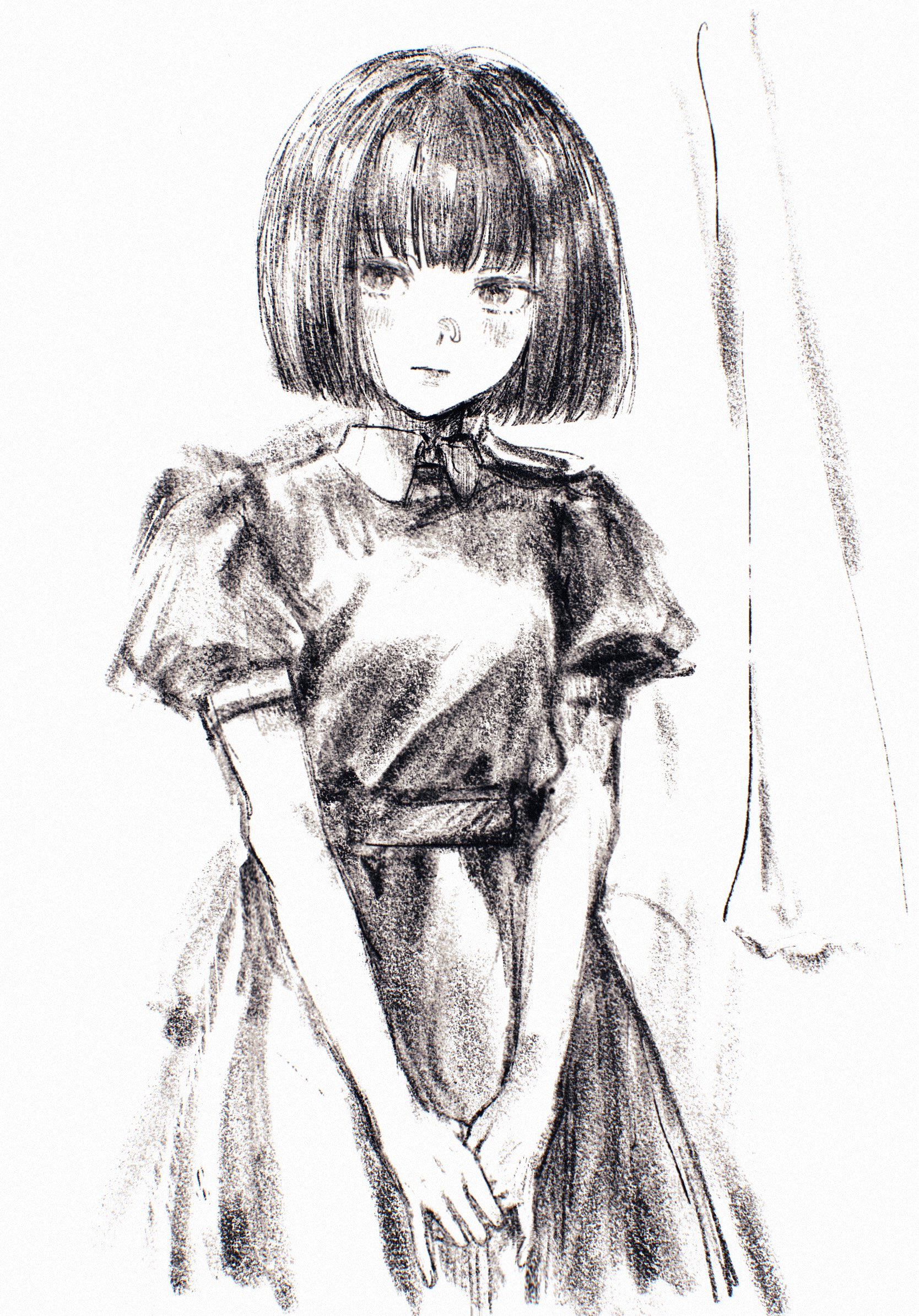 machihazure, original, graphite (medium), highres, traditional media, 1girl, blush, dress, expressionless, greyscale, looking at viewer, monochrome, own hands together, short hair, solo