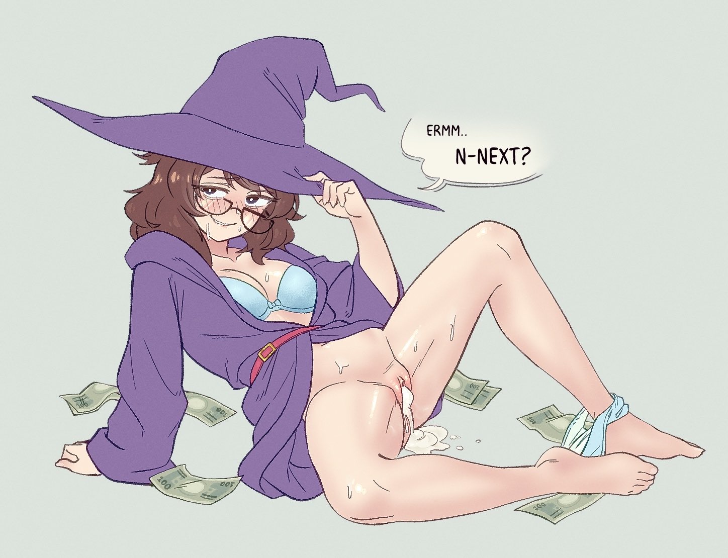 vibrantrida, realda (vibrantrida), original, commentary, english commentary, arm support, banknote, belt, blue bra, blue panties, blush, bottomless, bow, bow bra, bra, breasts, brown hair, collarbone, cum, cum in pussy, cum pool, cumdrip, dollar bill, english text, glasses, groin tendon, hat, looking at another, medium hair, money, naughty face, panties, panties around one ankle, small breasts, smile, speech bubble, spread legs, sweat, underwear, witch hat