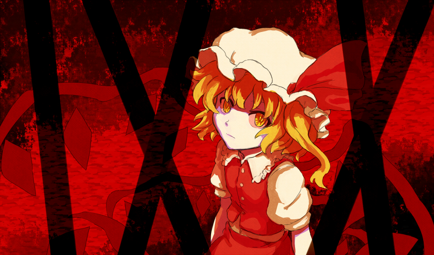 shibasaki shouji, flandre scarlet, touhou, bad id, bad pixiv id, 1girl, blonde hair, female focus, hat, ponytail, ribbon, short hair, side ponytail, solo, wings, yellow eyes