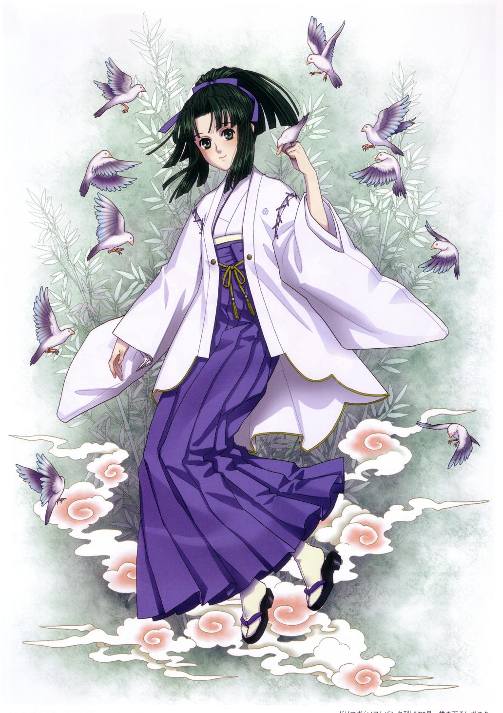 yuuki sayo, shikigami no shiro, artist request, highres, 1girl, bird, bird on hand, female focus, green eyes, green hair, hakama, hakama skirt, japanese clothes, kimono, matching hair/eyes, miko, ponytail, sandals, skirt, solo, tabi