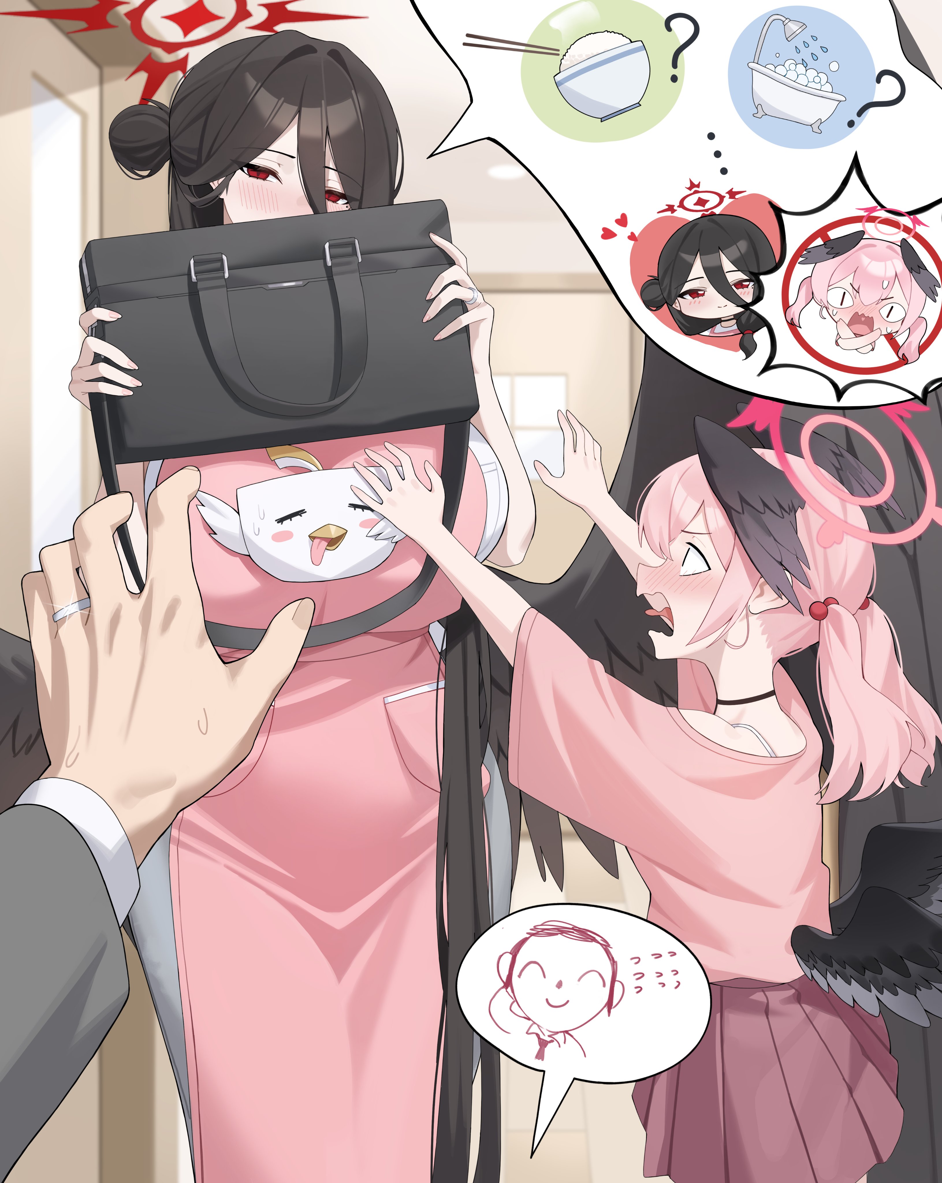 ddog, doodle sensei (blue archive), hasumi (blue archive), koharu (blue archive), peroro (blue archive), sensei (blue archive), blue archive, absurdres, highres, 1boy, 2girls, alternate costume, black hair, black wings, blush, breasts, feathered wings, hair bun, halo, head wings, huge breasts, husband and wife, long hair, low wings, multiple girls, pink eyes, pink hair, pink halo, pov, red eyes, red halo, shinkon santaku, twintails, very long hair, wings