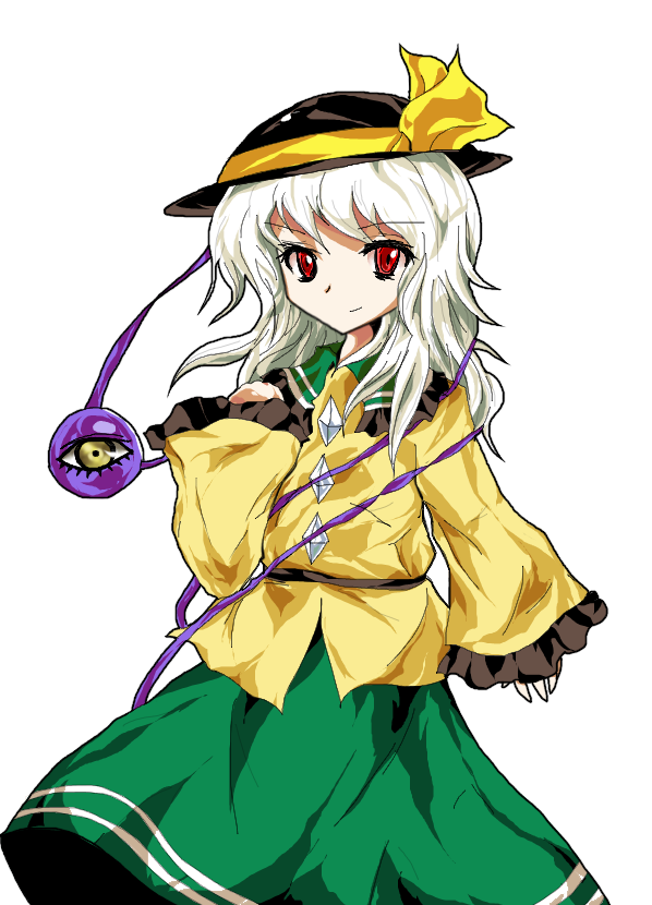 formless god, komeiji koishi, touhou, silver hair, 1girl, alphes (style), alternate eye color, female focus, hat, hat ribbon, long sleeves, parody, red eyes, ribbon, solo, style parody, transparent background, wide sleeves, yellow eyes