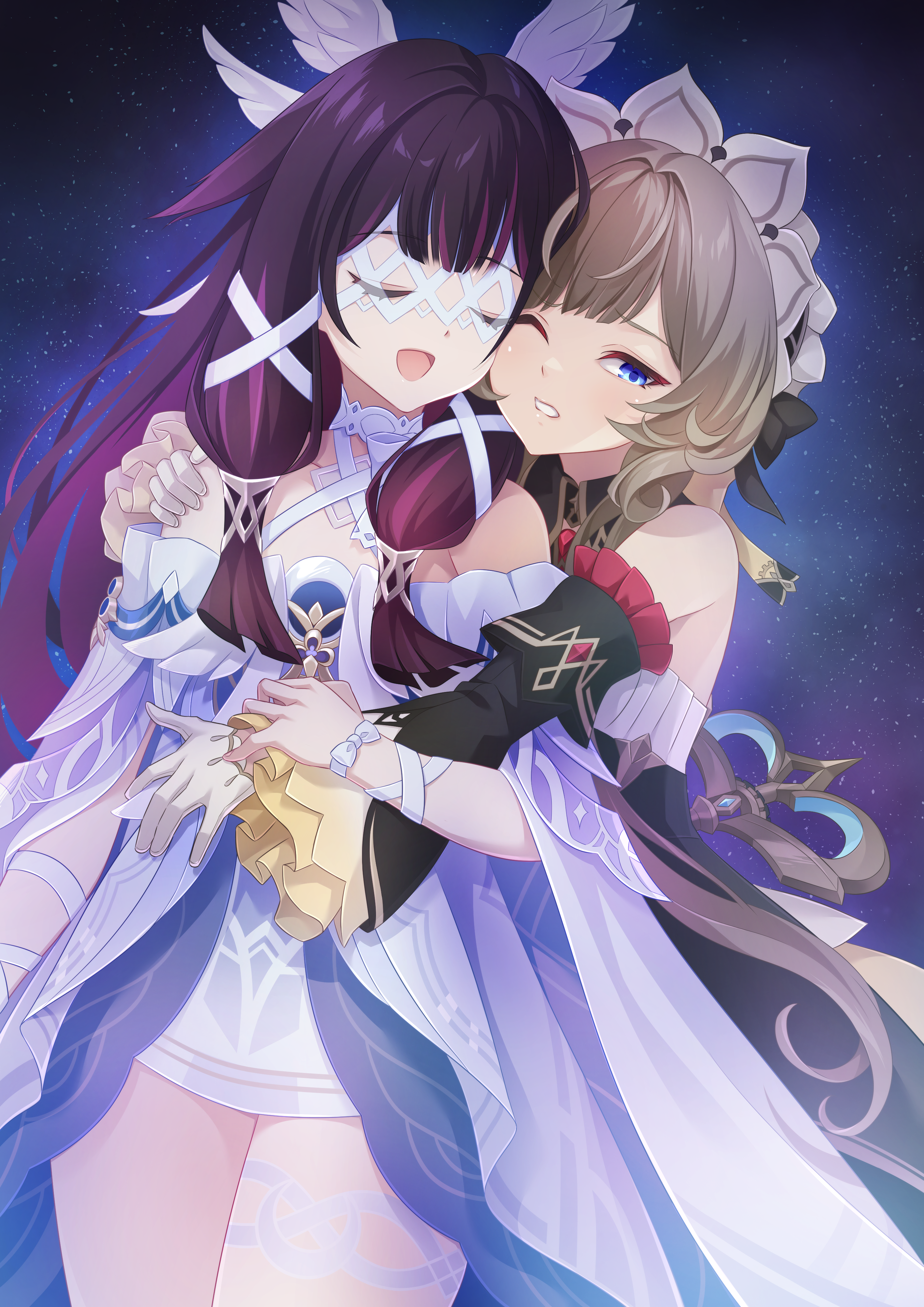 440 (straight440), columbina (genshin impact), sandrone (genshin impact), genshin impact, absurdres, commentary, english commentary, highres, 2girls, :d, bare shoulders, black dress, black sleeves, blue eyes, brown hair, closed eyes, detached sleeves, dress, eye mask, frilled sleeves, frills, gloves, hand on another's arm, hand on another's shoulder, head wings, headdress, hug, hug from behind, long hair, mask, multiple girls, night, one eye closed, open mouth, purple hair, sky, smile, star (sky), starry sky, white dress, white gloves, winding key, wings, yuri