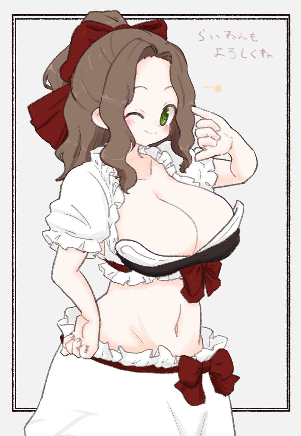 olto rondo, original, highres, translation request, 1girl, bow, breasts, brown hair, cleavage, closed mouth, collarbone, cowboy shot, forehead, frilled shirt, frills, green eyes, hair bow, hand on own hip, hand up, inset border, large breasts, long hair, looking at viewer, navel, one eye closed, red bow, shirt, short sleeves, skirt, smile, solo, star (symbol), stomach, white background, white shirt, white skirt
