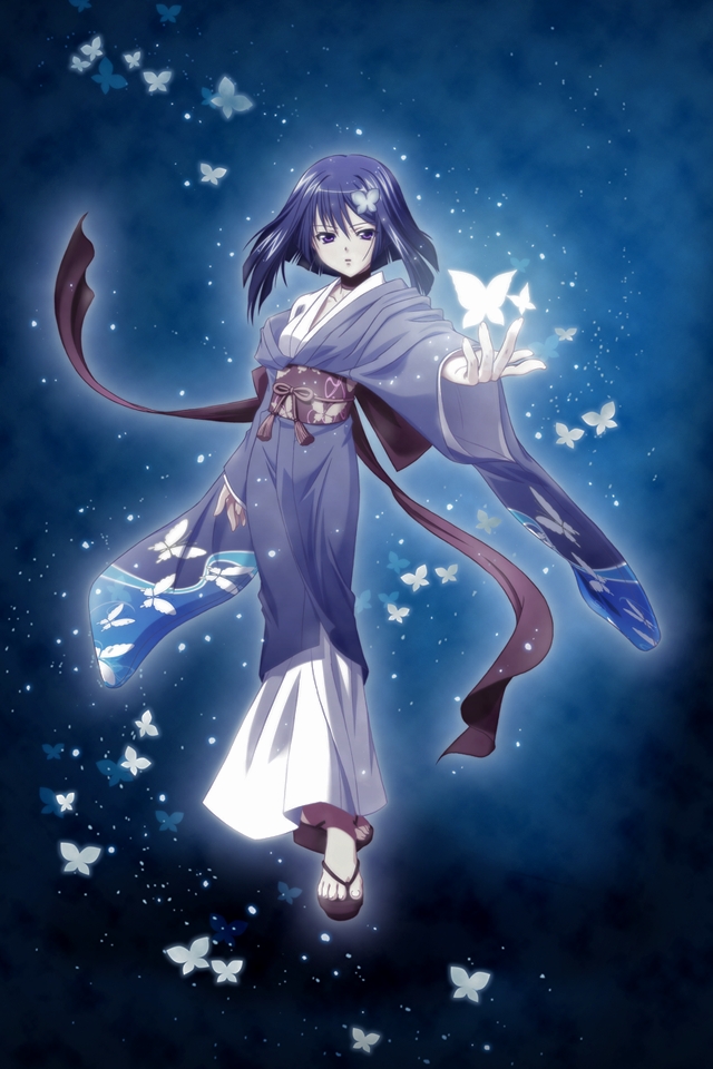 yasaka minato, yumei, akai ito, official art, blue hair, bug, butterfly, insect, japanese clothes, kimono, purple eyes, short hair, solo