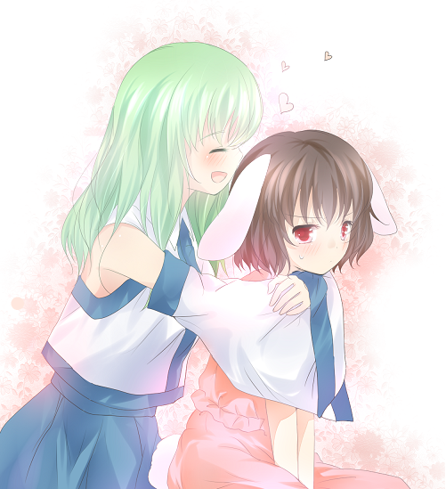 yatomi, inaba tewi, kochiya sanae, touhou, 2girls, animal ears, arm around neck, blush, closed eyes, detached sleeves, female focus, green hair, heart, hug, hug from behind, multiple girls, open mouth, rabbit ears, rabbit tail, sitting, smile, squatting, tail, yuri
