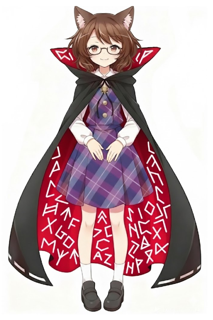 usami sumireko, touhou, non-web source, 1girl, animal ear fluff, animal ears, black-framed eyewear, black cloak, black shoes, brown eyes, brown hair, buttons, cat ears, cat girl, cloak, closed mouth, collared shirt, dress, full body, glasses, kemonomimi mode, long sleeves, looking at viewer, pigeon-toed, plaid clothes, plaid dress, purple dress, red cloak, runes, semi-rimless eyewear, shirt, shoes, short hair, smile, socks, solo, standing, two-sided cloak, two-sided fabric, under-rim eyewear, white shirt, white socks