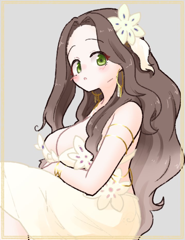 olto rondo, original, gold armlet, commentary request, 1girl, :o, armlet, blush, bracelet, breasts, brown hair, cowboy shot, dress, earrings, flower, forehead, gold bracelet, green eyes, grey background, hair flower, hair ornament, hoop earrings, jewelry, large breasts, long hair, looking at viewer, open mouth, simple background, sitting, sleeveless, sleeveless dress, solo, yellow dress, yellow flower