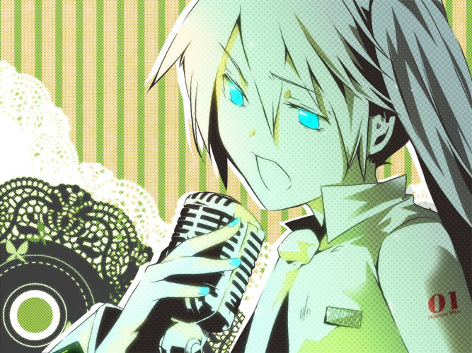 hayaco, hatsune miku, vocaloid, bad id, bad pixiv id, 1girl, aqua eyes, female focus, microphone, ponytail, solo
