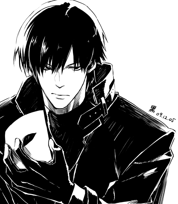 tsukigami runa, hei (darker than black), darker than black, 00s, 1boy, greyscale, male focus, monochrome, solo