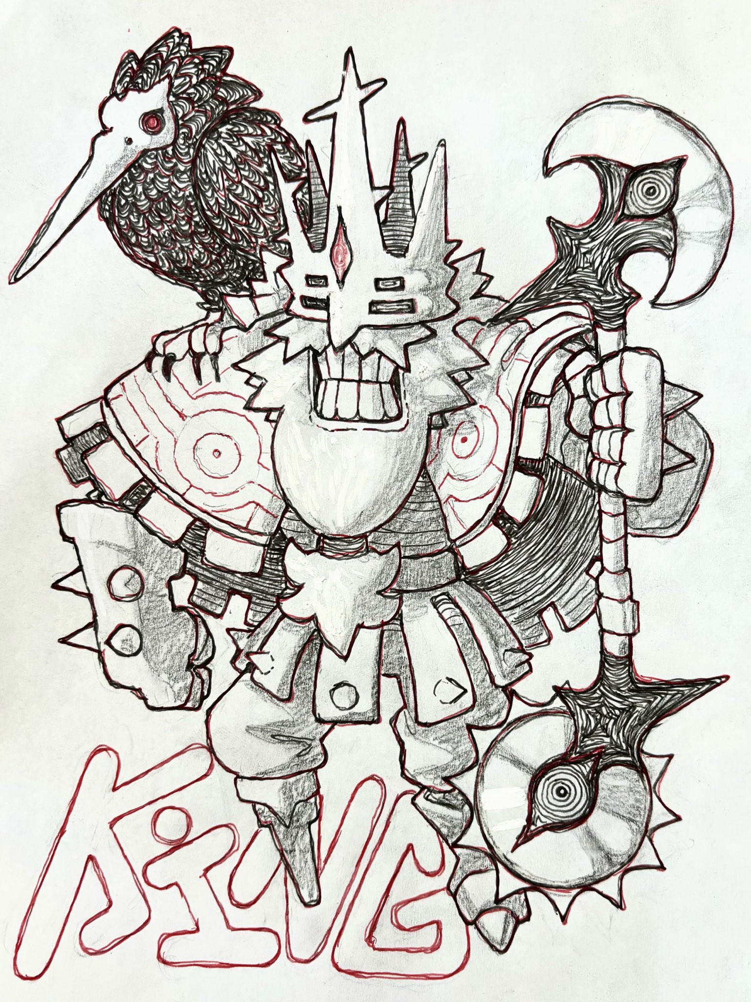 zals, original, highres, animal, animal on shoulder, axe, bird, bird on shoulder, board game, character name, chess, chess piece, circular saw, clenched teeth, cloak, crown, full body, holding, holding axe, king, king (chess), long beak, peg leg, saw, simple background, spiked gauntlets, teeth, white background