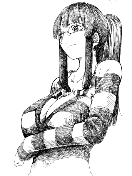kotoba, kotoba (kotobato), nico robin, one piece, one piece: strong world, breast hold, 1girl, breast rest, breasts, cleavage, collarbone, female focus, glasses, greyscale, large breasts, long hair, long sleeves, looking to the side, monochrome, ponytail, shirt, simple background, solo, striped clothes, striped shirt, striped sweater, sweater, upper body, white background