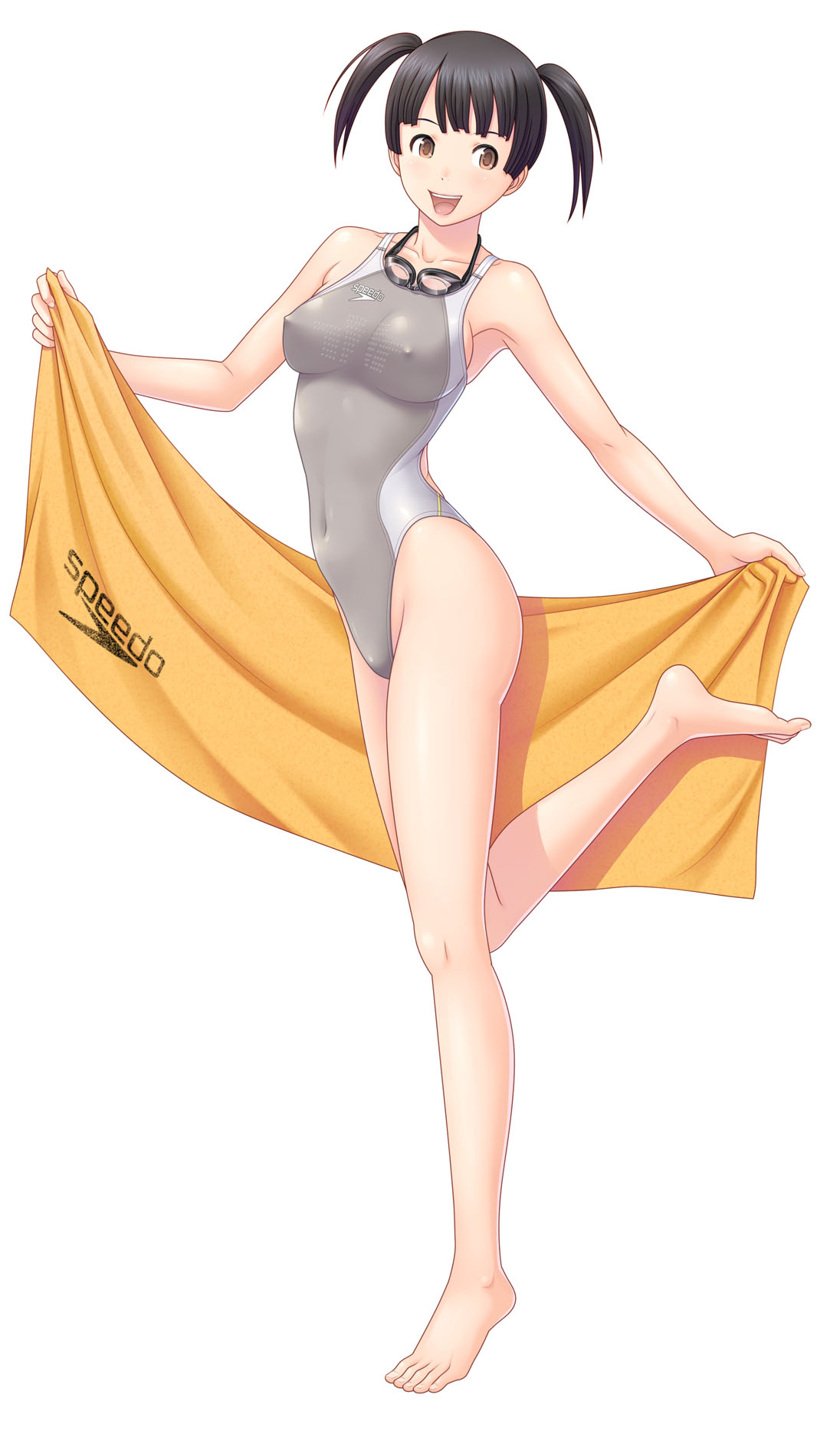 kuri (kurigohan), original, speedo (company), highres, 1girl, barefoot, black hair, breasts, brown eyes, competition swimsuit, covered erect nipples, feet, female focus, goggles, highleg, highleg one-piece swimsuit, legs, medium breasts, one-piece swimsuit, product placement, solo, swimsuit, towel, twintails