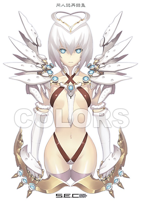 nagi ryou, colors (s.e.c), original, 1girl, armor, blue eyes, elbow gloves, female focus, flat chest, gloves, groin, hair ornament, halo, navel, short hair, simple background, solo, strap, symbol-shaped pupils, thigh gap, thighhighs, thighs, weapon, white hair