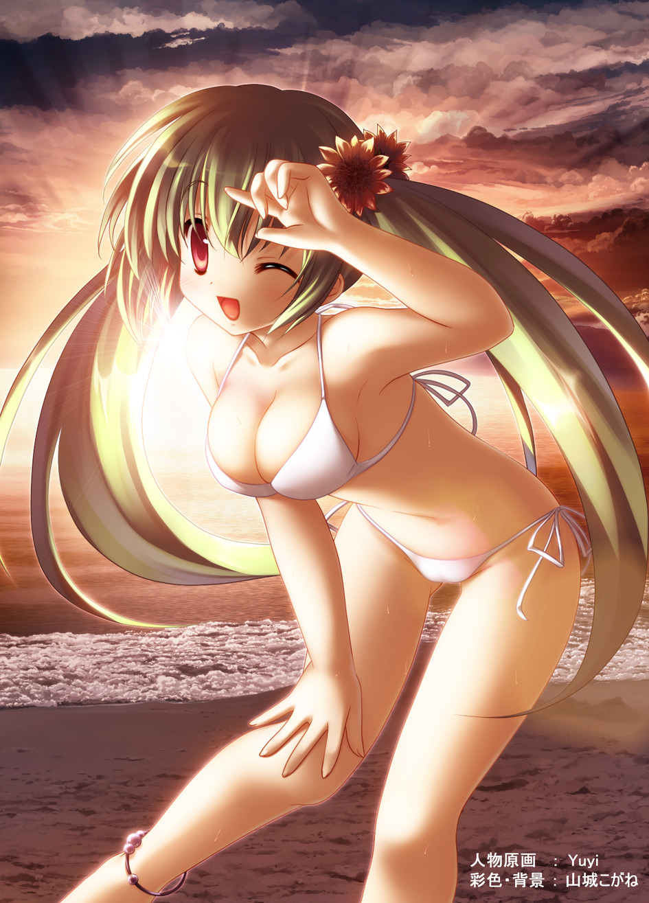 yamashiro kogane, yuyi, original, highres, 1girl, anklet, beach, bikini, blonde hair, female focus, flower, hair flower, hair ornament, jewelry, long hair, one eye closed, red eyes, side-tie bikini bottom, smile, solo, sunflower, sunset, swimsuit, twintails, very long hair, wink