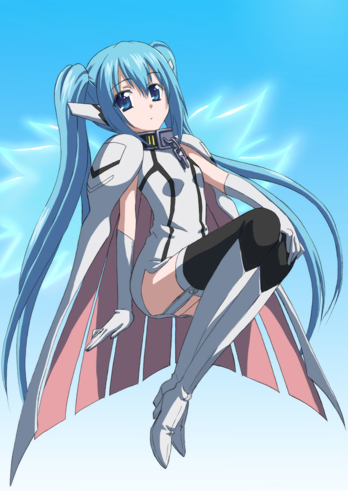 ootaka narumi, nymph (sora no otoshimono), sora no otoshimono, 00s, 1girl, blue eyes, blue hair, bodysuit, boots, cape, chain, collar, elbow gloves, female focus, flying, garter straps, gloves, high heel boots, high heels, knee boots, long hair, looking at viewer, matching hair/eyes, robot ears, solo, thighhighs, twintails, very long hair, white gloves, wings