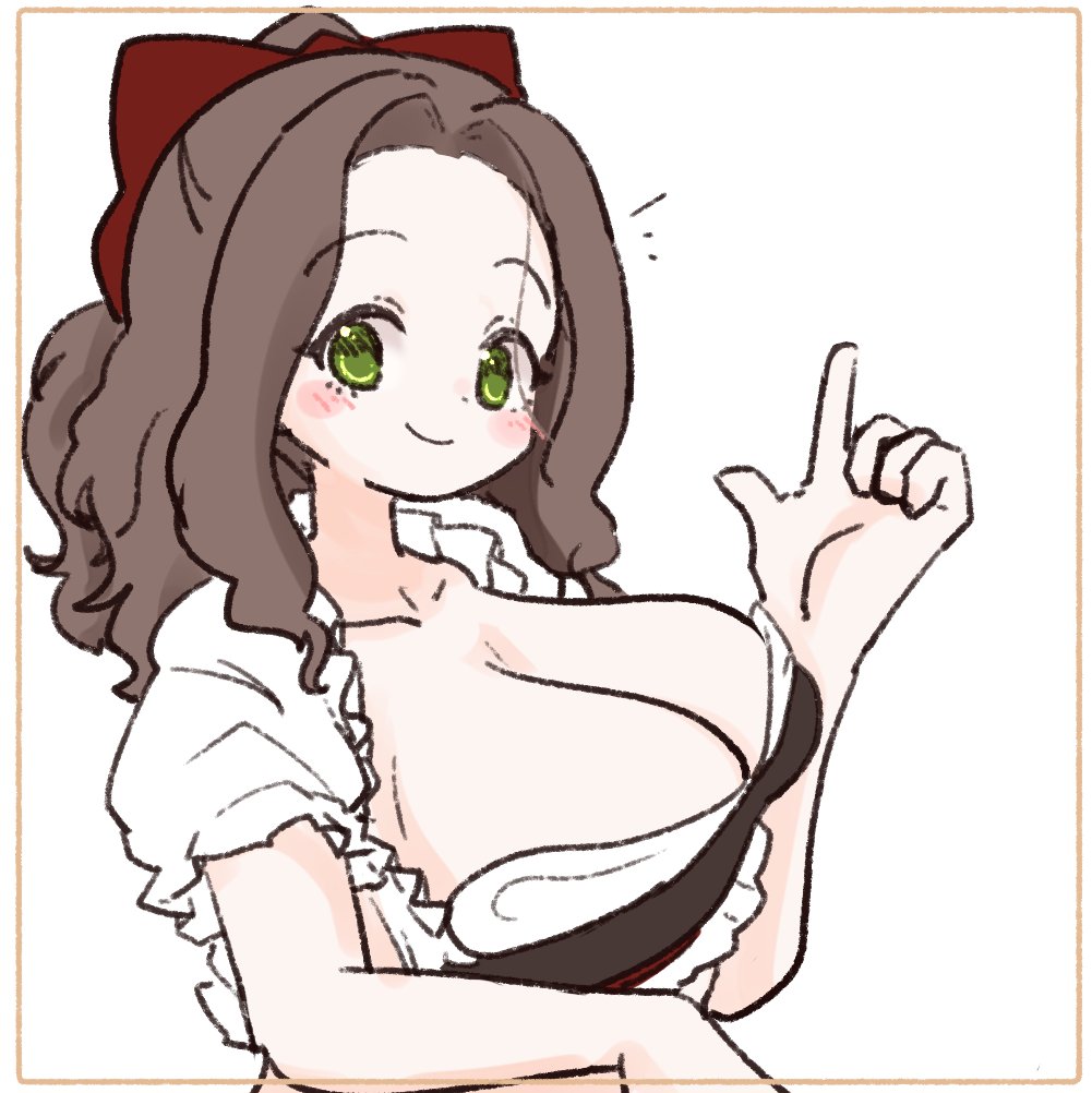 olto rondo, original, 1girl, blush, bow, breasts, brown hair, cleavage, closed mouth, forehead, frilled shirt, frills, green eyes, hair bow, hand up, inset border, large breasts, long hair, looking at viewer, red bow, shirt, short sleeves, simple background, smile, solo, upper body, white background, white shirt