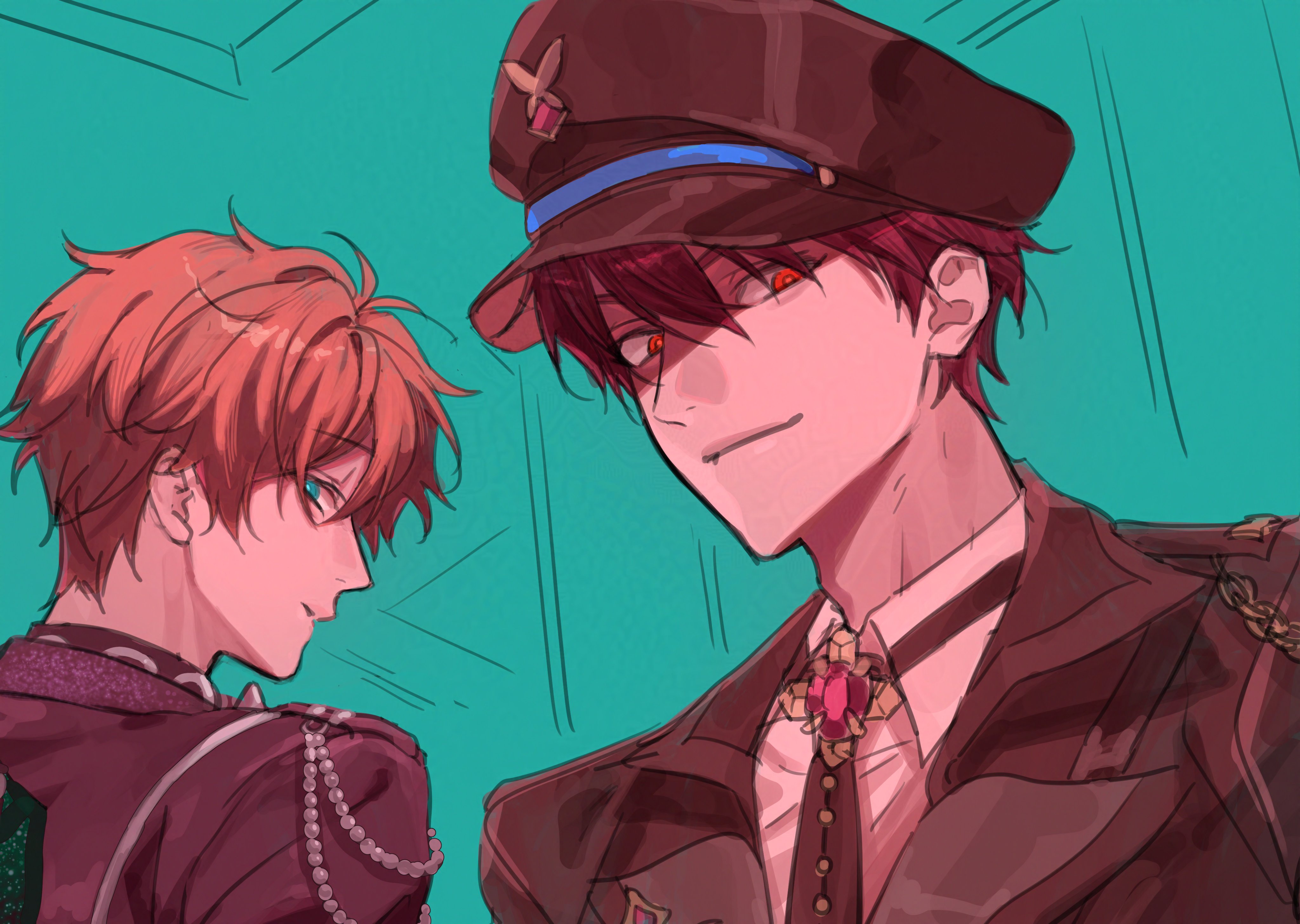 morisawa chiaki, takamine midori, ensemble stars!, absurdres, commentary request, highres, korean commentary, 2boys, black hat, brown hair, closed mouth, collared shirt, evil telephone (ensemble stars!), gem, gobong (gobong bb), green eyes, hair between eyes, hat, looking at viewer, male focus, multiple boys, red eyes, shirt, short hair, sideways glance, upper body