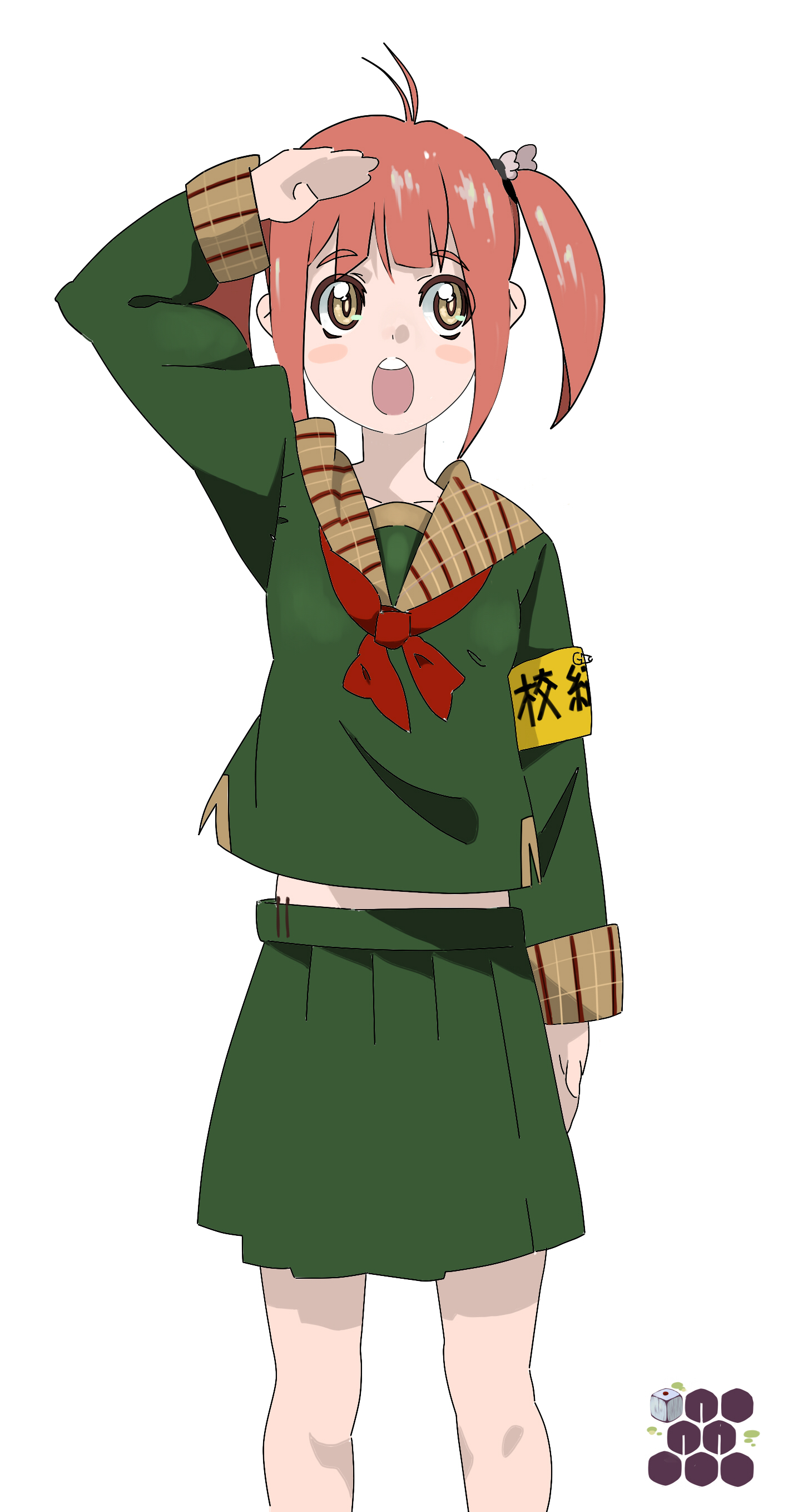 izuru (timbermetal), original, absurdres, bad id, bad pixiv id, highres, 1girl, blush, brown eyes, brown hair, female focus, salute, school uniform, skirt, solo, twintails