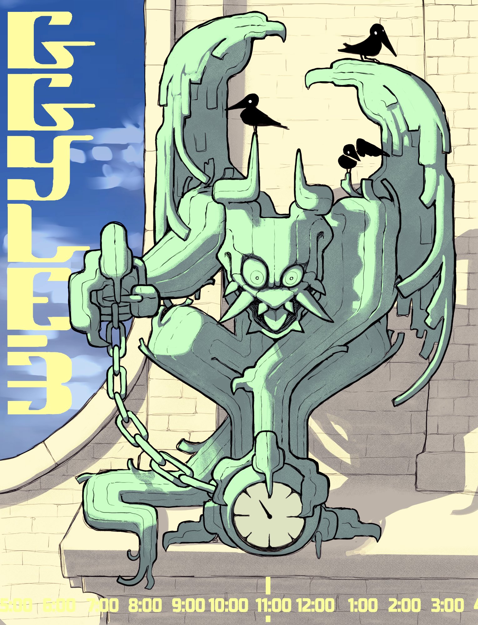 zals, original, commentary, english commentary, highres, bird, black bird, chain, claws, clock, demon, demon horns, gargoyle, horns, statue, timestamp, tusks, wings