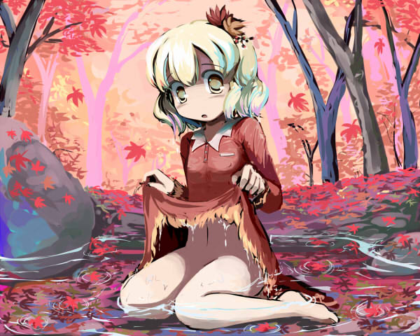 gatau, aki shizuha, touhou, 1girl, barefoot, clothes lift, collared dress, dress, dress lift, female focus, forest, full body, leaf, maple leaf, nature, navel, no panties, outdoors, solo, water