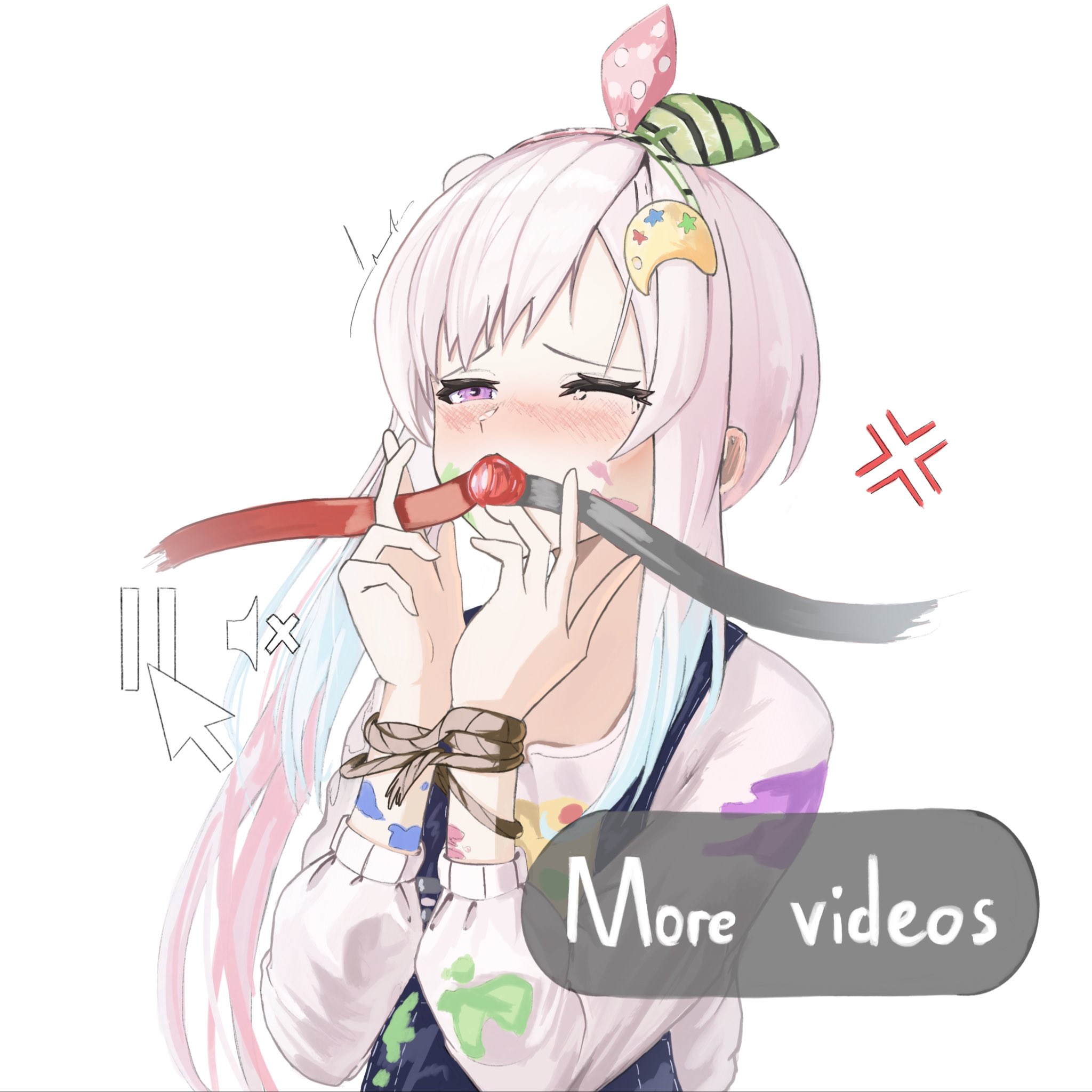 airani iofifteen, hololive, hololive indonesia, highres, 1girl, aikofuyumiarts, ball gag, ball gag progress bar (meme), blue hair, blue overalls, blush, bow hairband, breasts, breath, gag, gradient hair, green hairband, hairband, large breasts, long hair, long sidelocks, meme, multicolored hair, multicolored hairband, one eye closed, overalls, paint on body, palette hair ornament, pink hair, pink hairband, purple eyes, recording, side ponytail, sidelocks, simple background, solo, sweater, two-tone hairband, virtual youtuber, white sweater